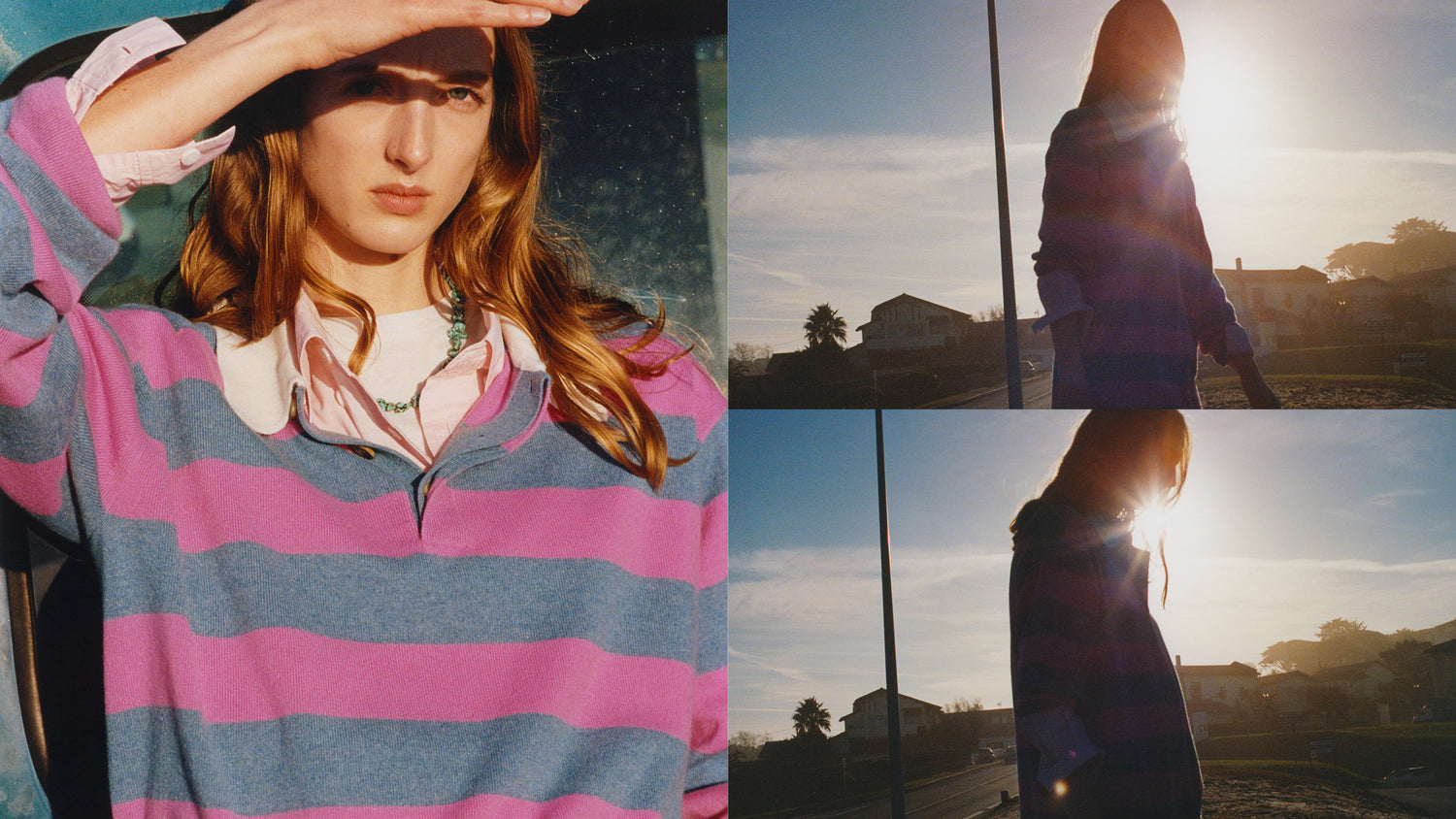 Close-up of a woman shielding her eyes from the sun in a polo rugby shirt patterned with denim blue and fuchsia stripes