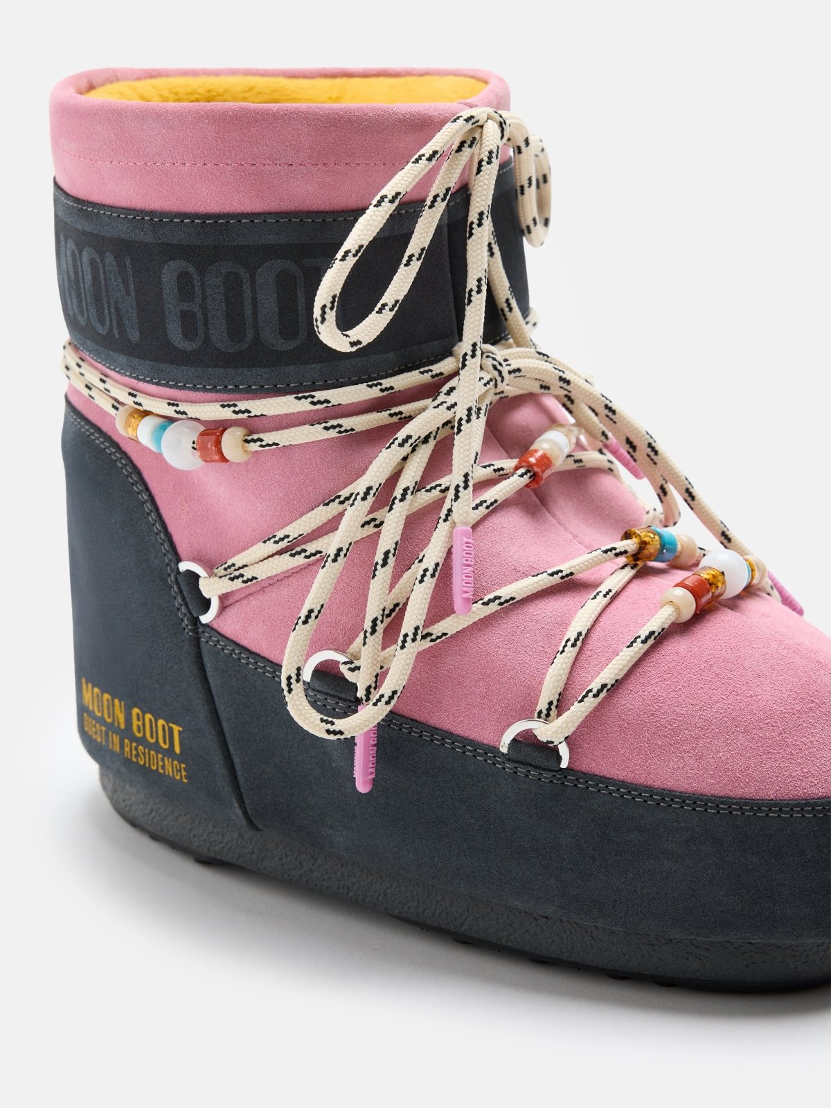 Grey and rose suede beaded Moon Boot with criss-cross laces and metal eyelets in gender-neutral design