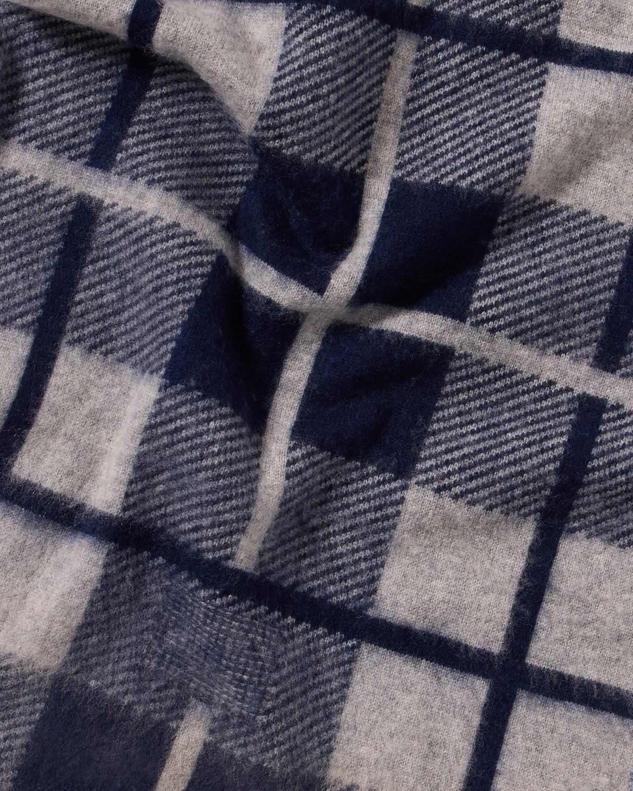 The Plaid Big Scarf - Midnight/Heather Grey mid-weight brushed plaid wool and cashmere blend fabric close-up.