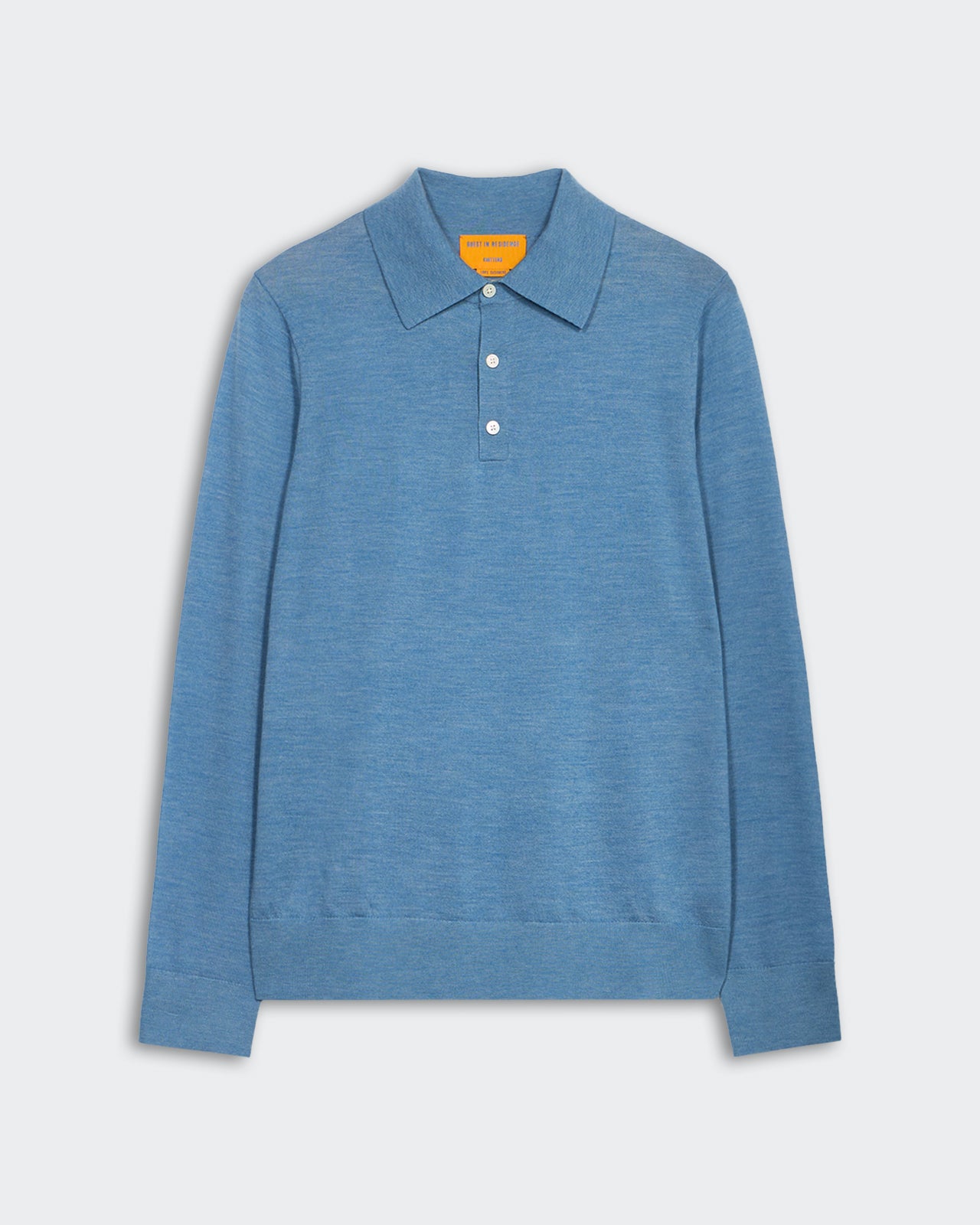 Airy Polo - Denim Blue long sleeve cashmere polo with rib trim hem cuff and three-button placket closure