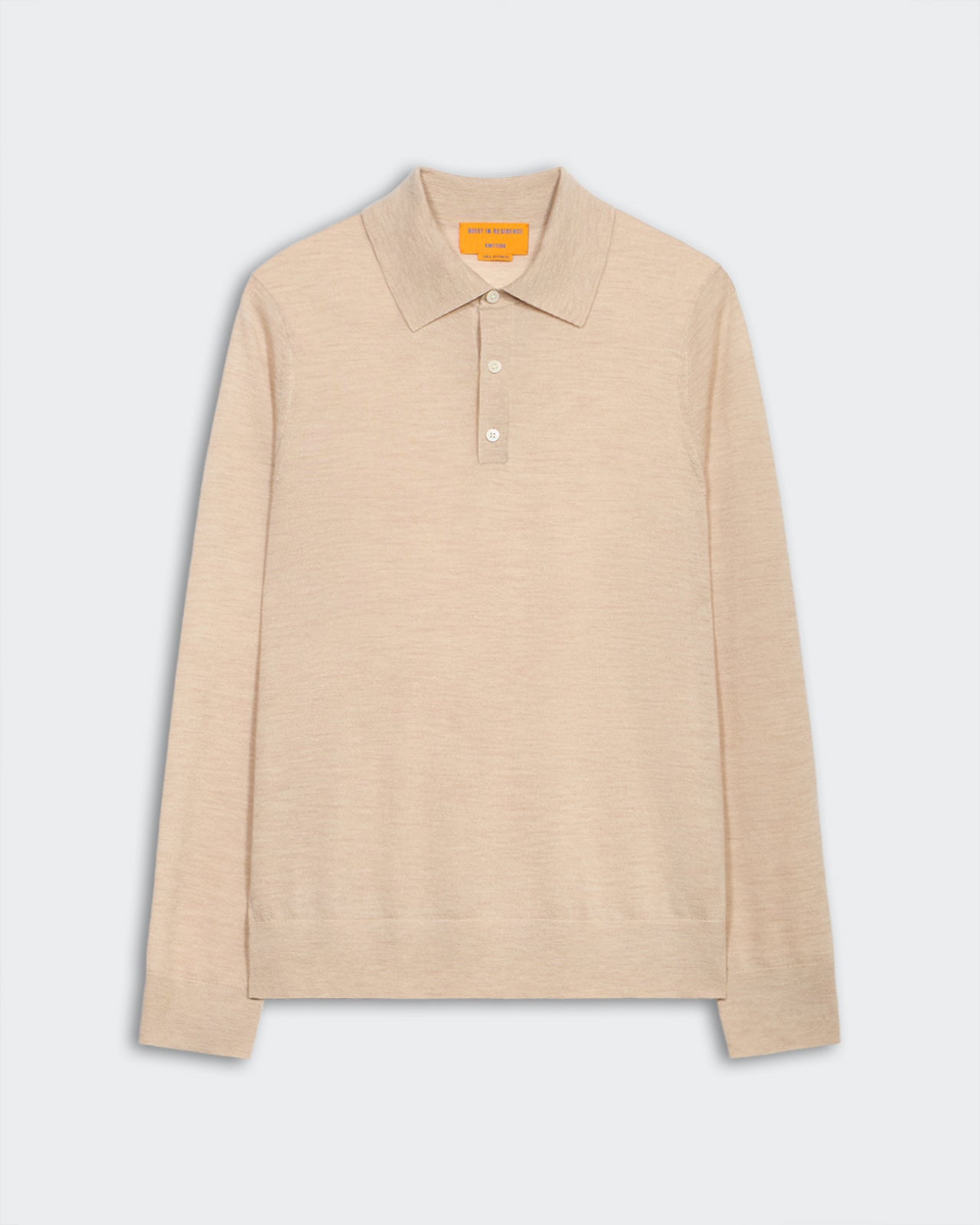 Airy Polo - Oatmeal men's long sleeve cashmere polo with rib trim and three-button placket closure.