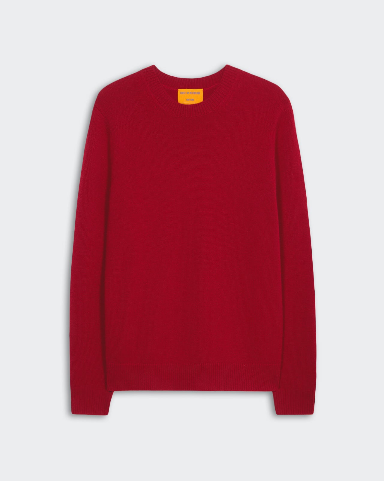 Allday Crew - Ruby men's medium-weight red cashmere crew neck sweater with signature GIR branding.