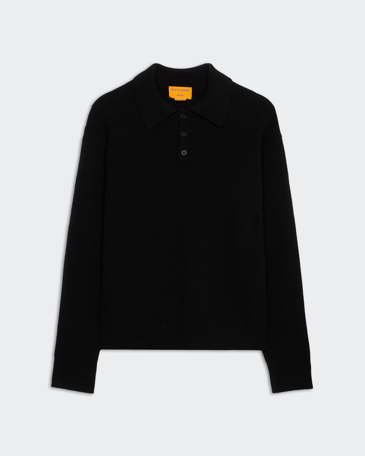 Allday Polo - Black long sleeve ribbed collar and cuff premium cashmere men's shirt with three-button placket closure