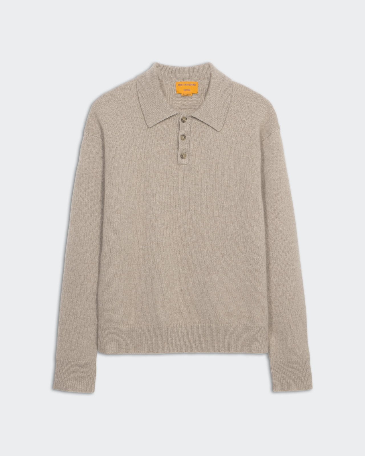 Allday Polo - Taupe men's cashmere ribbed collar and cuffs, three-button half placket, medium weight knit sweater.