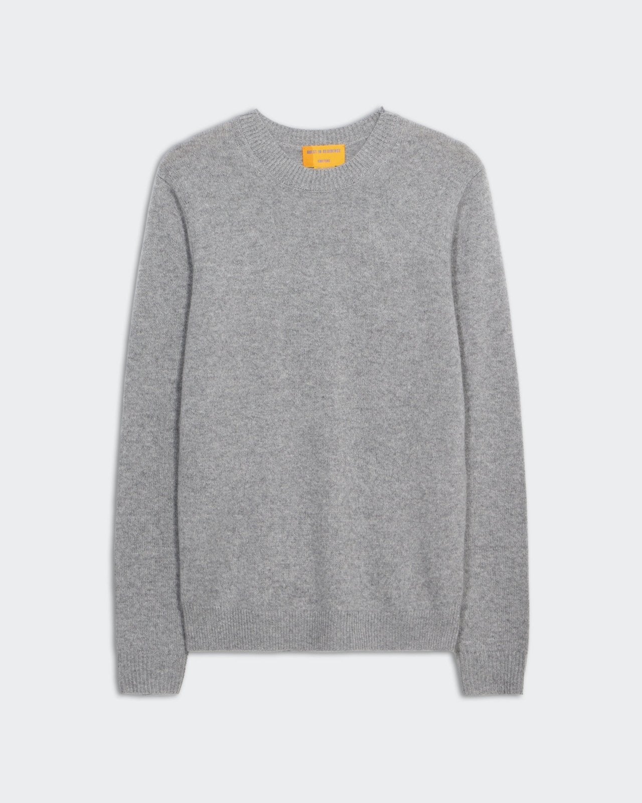 Allday Crew - Heather Grey men's medium-weight cashmere crew neck sweater laid flat on white background.