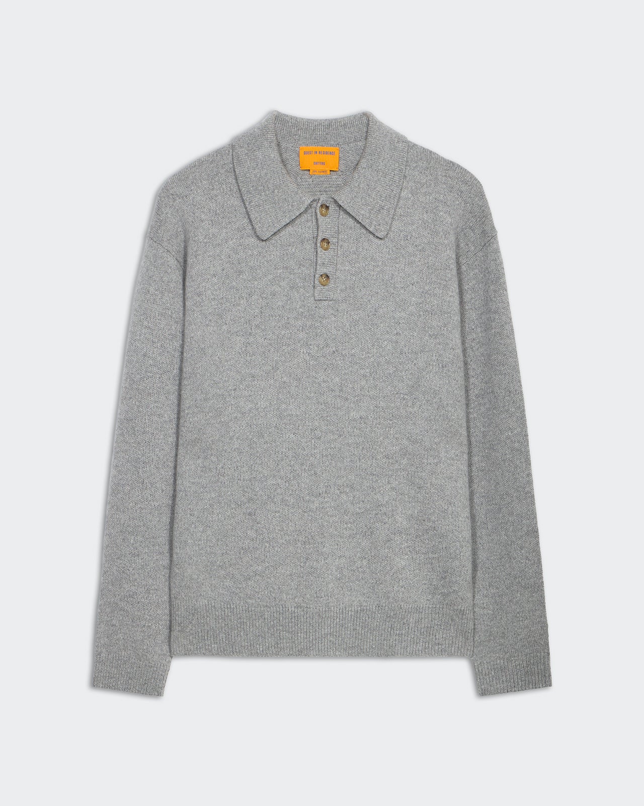 Allday Polo - Heather Grey men's cashmere polo with rib collar, cuff, hem, and three-button placket closure.