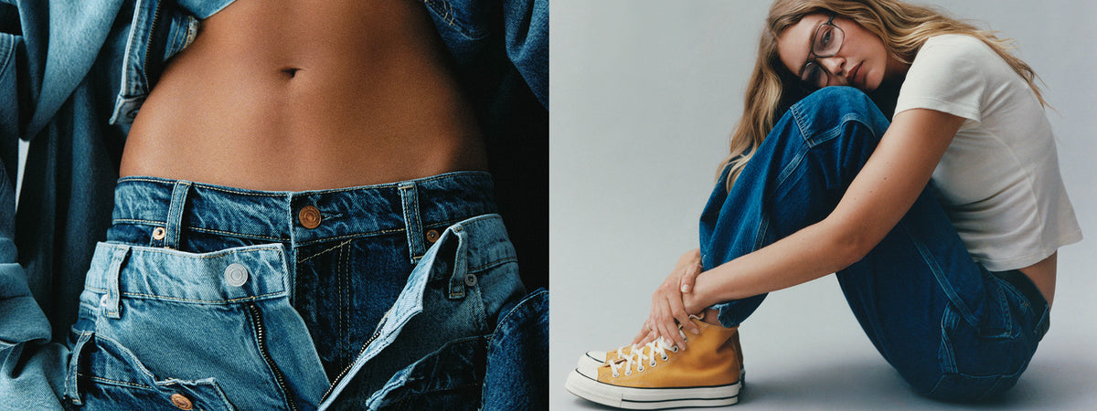 Split image showing a cropped torso in layered blue denim and a woman crouching in blue jeans while tying yellow high top sneakers