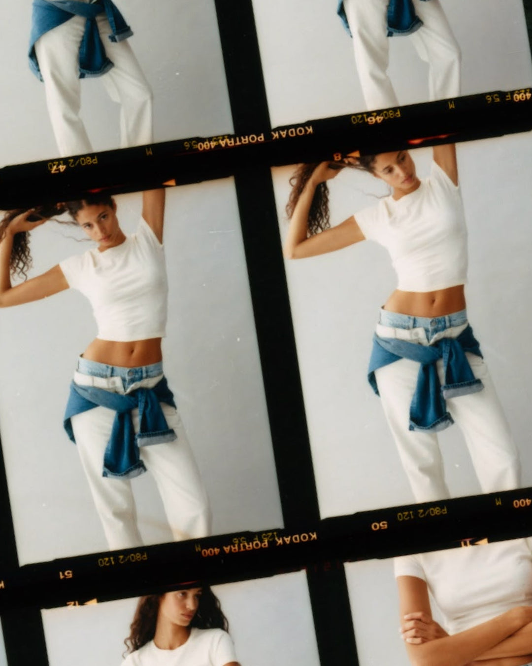 Contact sheet of a model wearing a white T shirt and white pants with a blue sweater tied around the waist, shown in multiple fashion photography frames.