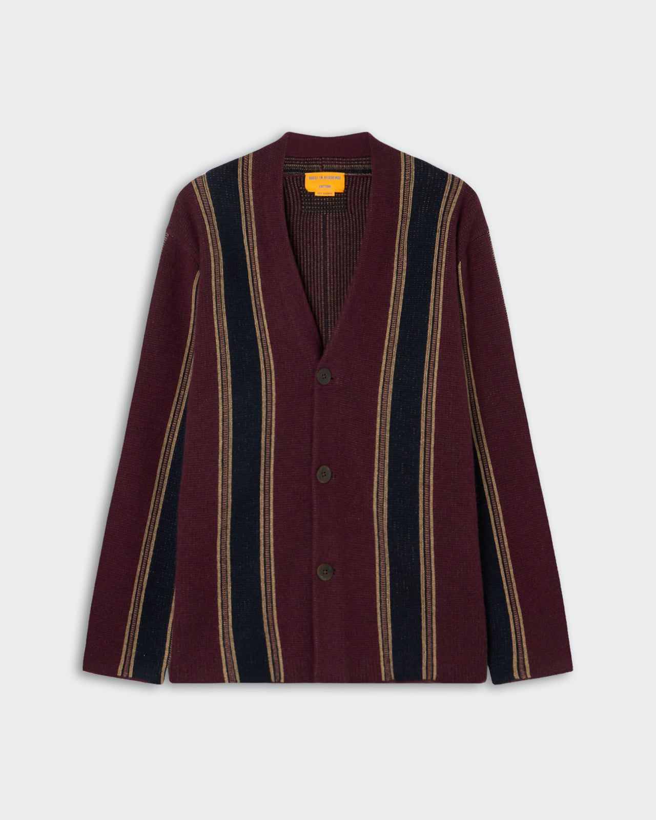Button-up cardigan sweater with vertical stripes in burgundy, navy, and beige against a light gray background.