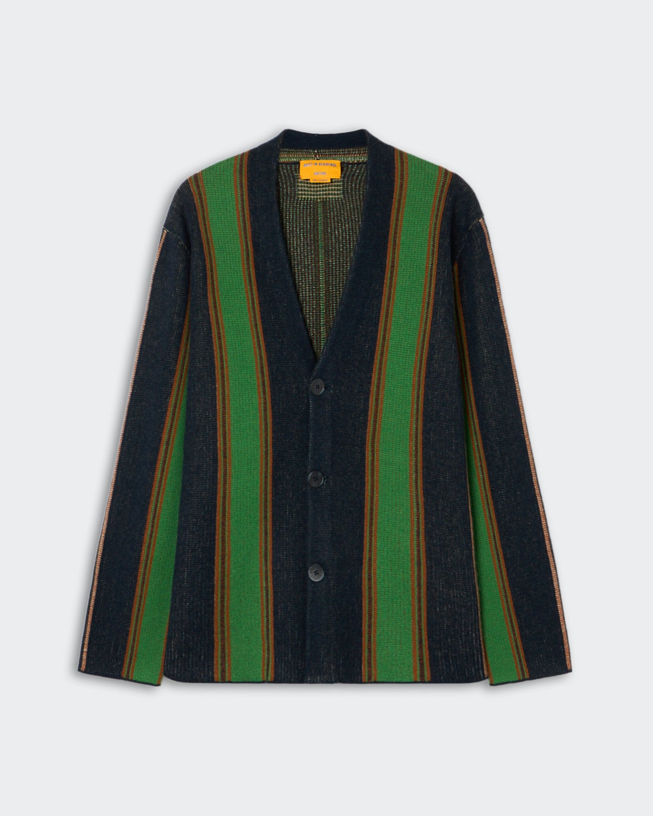Dark blue cardigan with wide vertical green and brown stripes, featuring a V-neck and three buttons down the front, displayed on a plain light gray background.