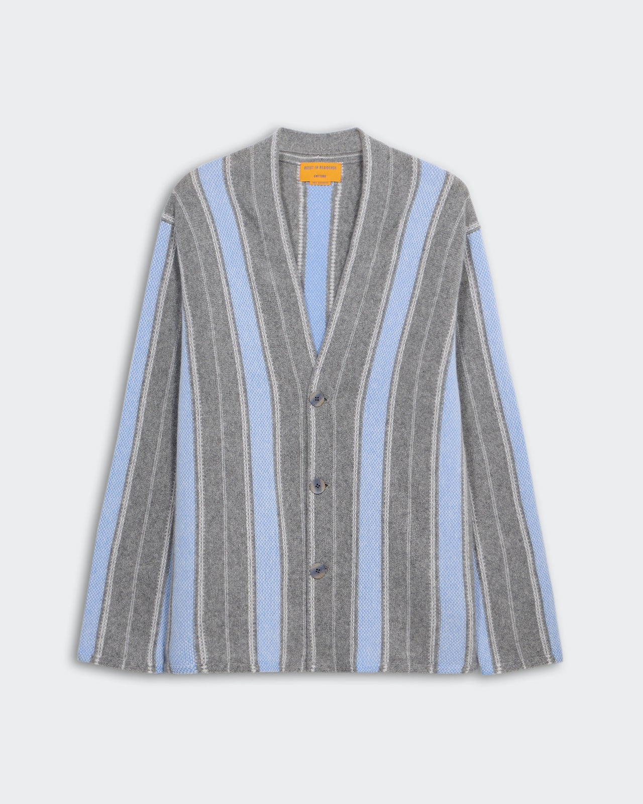 Baja Everywear Cardigan Heather Grey Combo with three-button closure and jacquard three-color striped knit design.