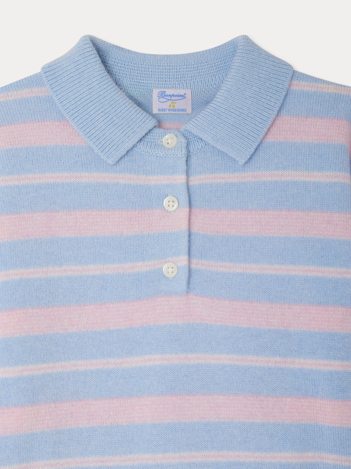 Blue and pink striped Louie Sweater with buttoned polo collar made from 100% cashmere with ribbed cuffs and hem