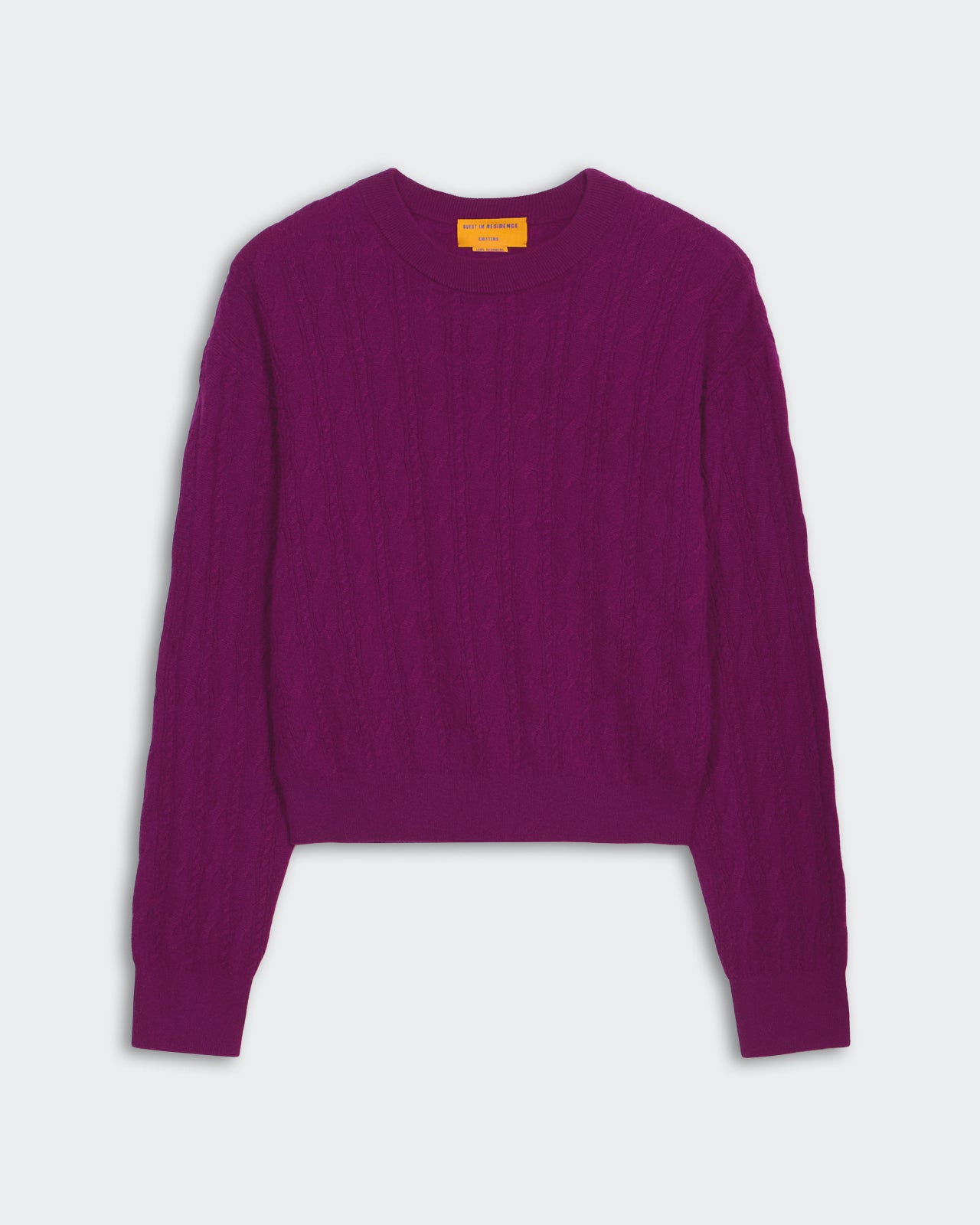 Cable Collegiate Crew - Aubergine lightweight 100% cashmere crew neck sweater with ribbed cuffs and hem.