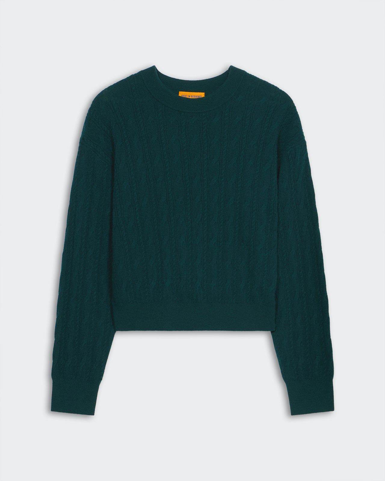 Cable Collegiate Crew - Holly green lightweight cashmere crewneck sweater with rib cuff hem and neck trim.