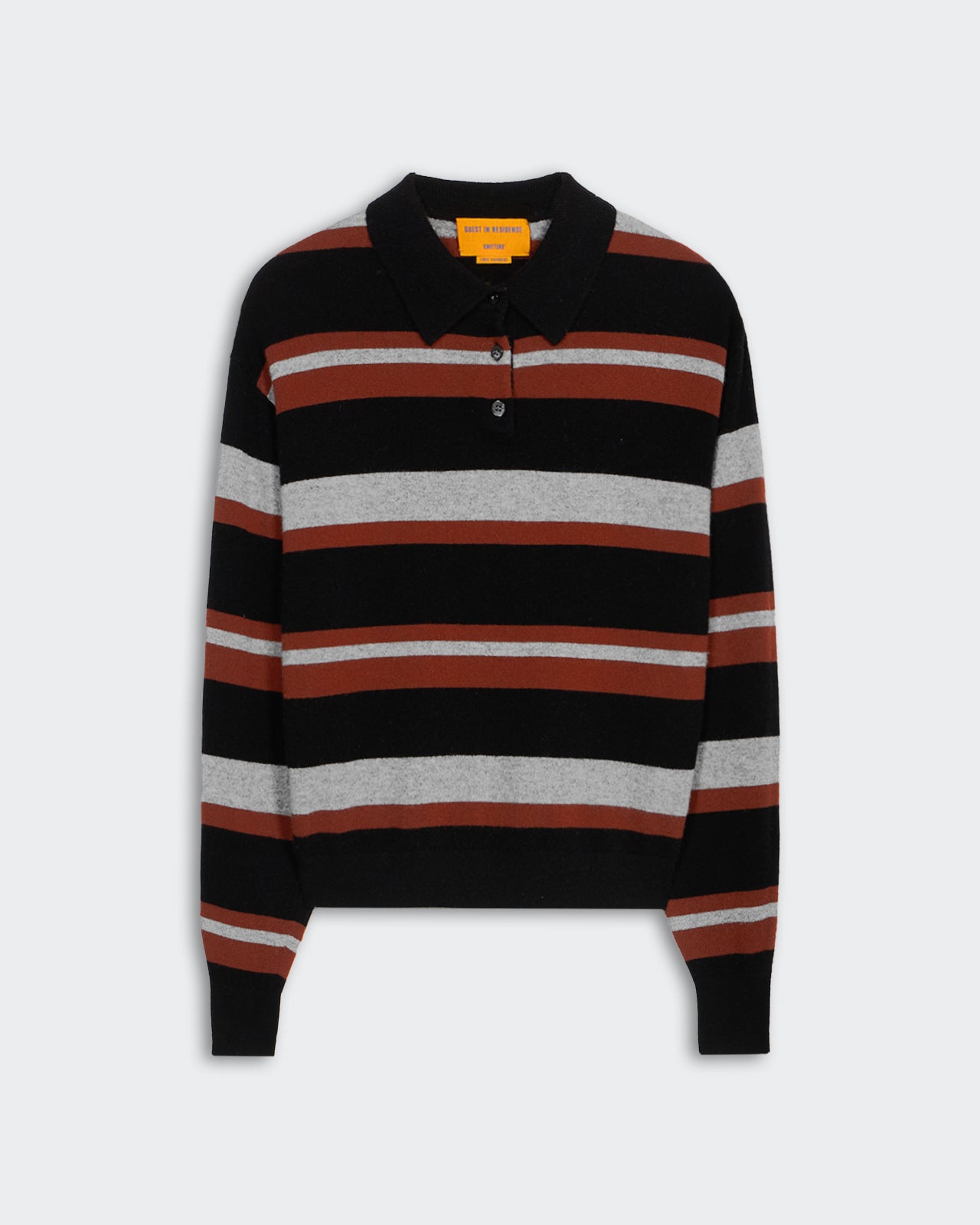 Collegiate Stripe Polo Black Combo womens lightweight cashmere jersey with ribbed cuffs and three-button placket closure