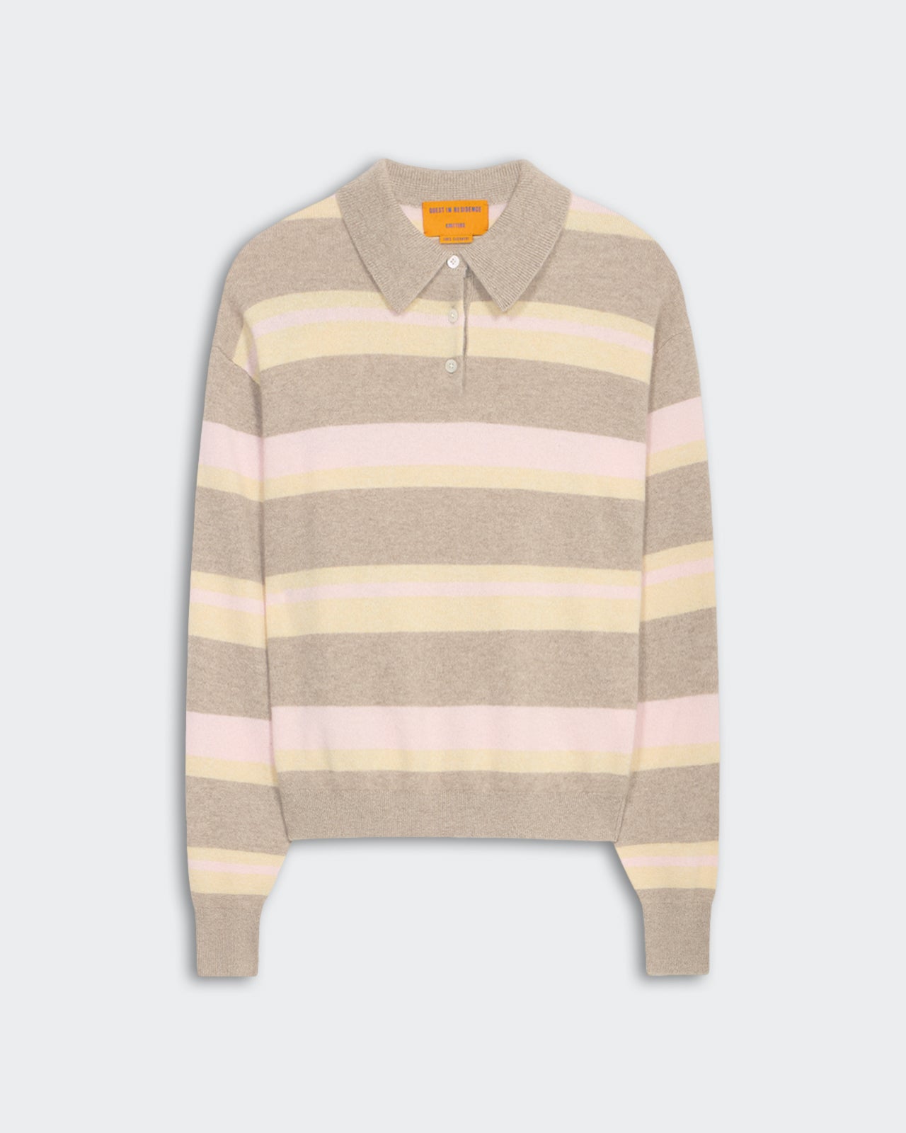 Collegiate Stripe Polo Taupe Combo women's lightweight cashmere stripe polo with ribbed collar and cuffs.