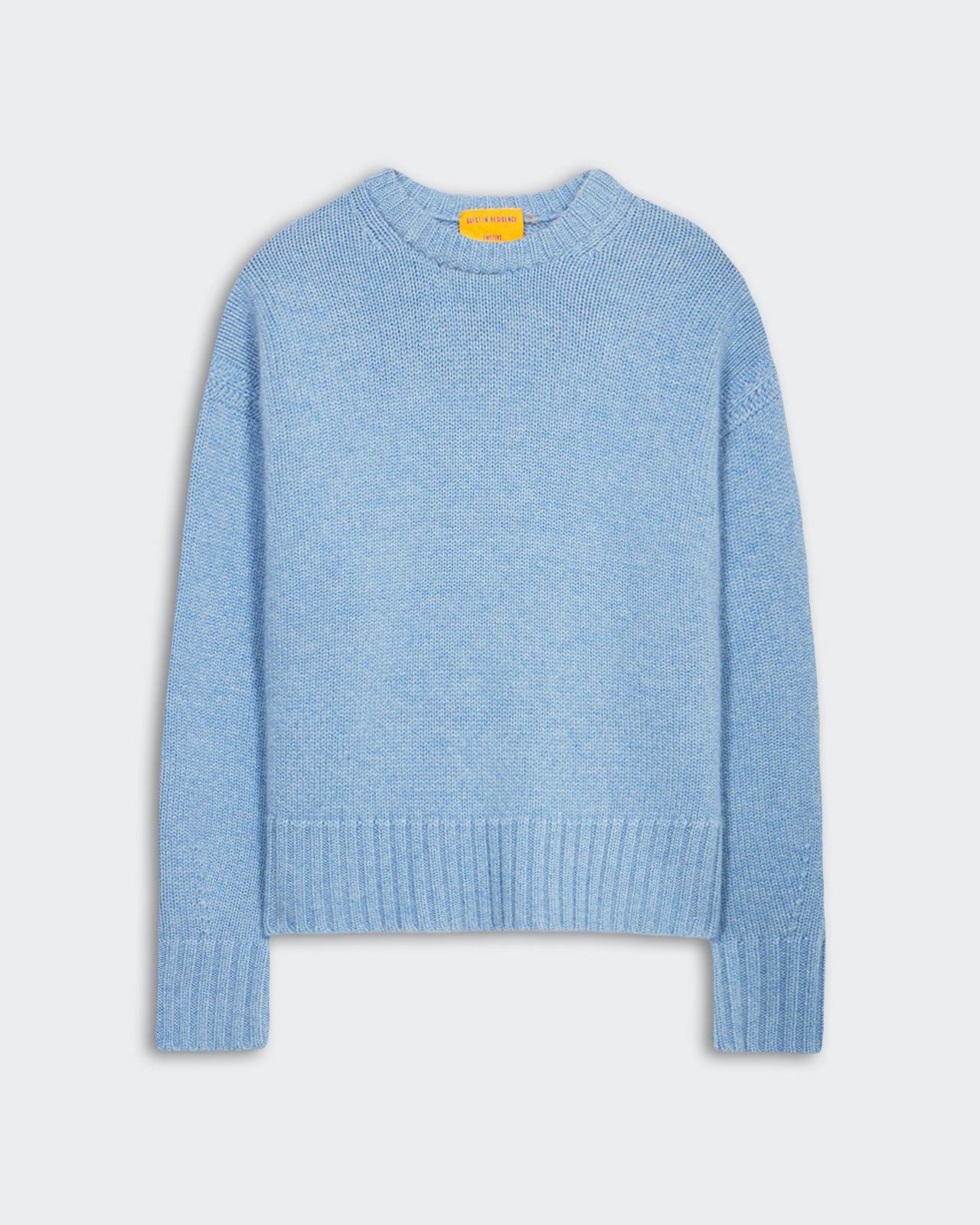 Cozy Crew - Heather Blue oversized women's cashmere crew neck sweater with ribbed trim and dropped shoulders.