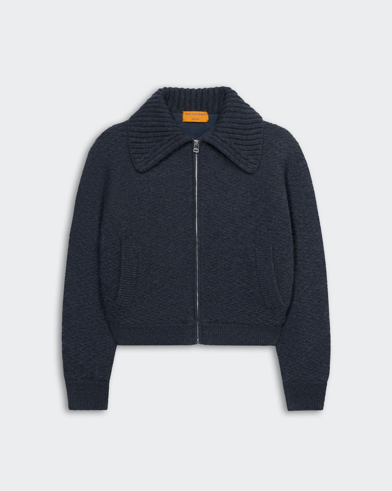 Charcoal heavy-weight textured Cross Country Bomber jacket with chunky rib polo collar and two-way zipper closure