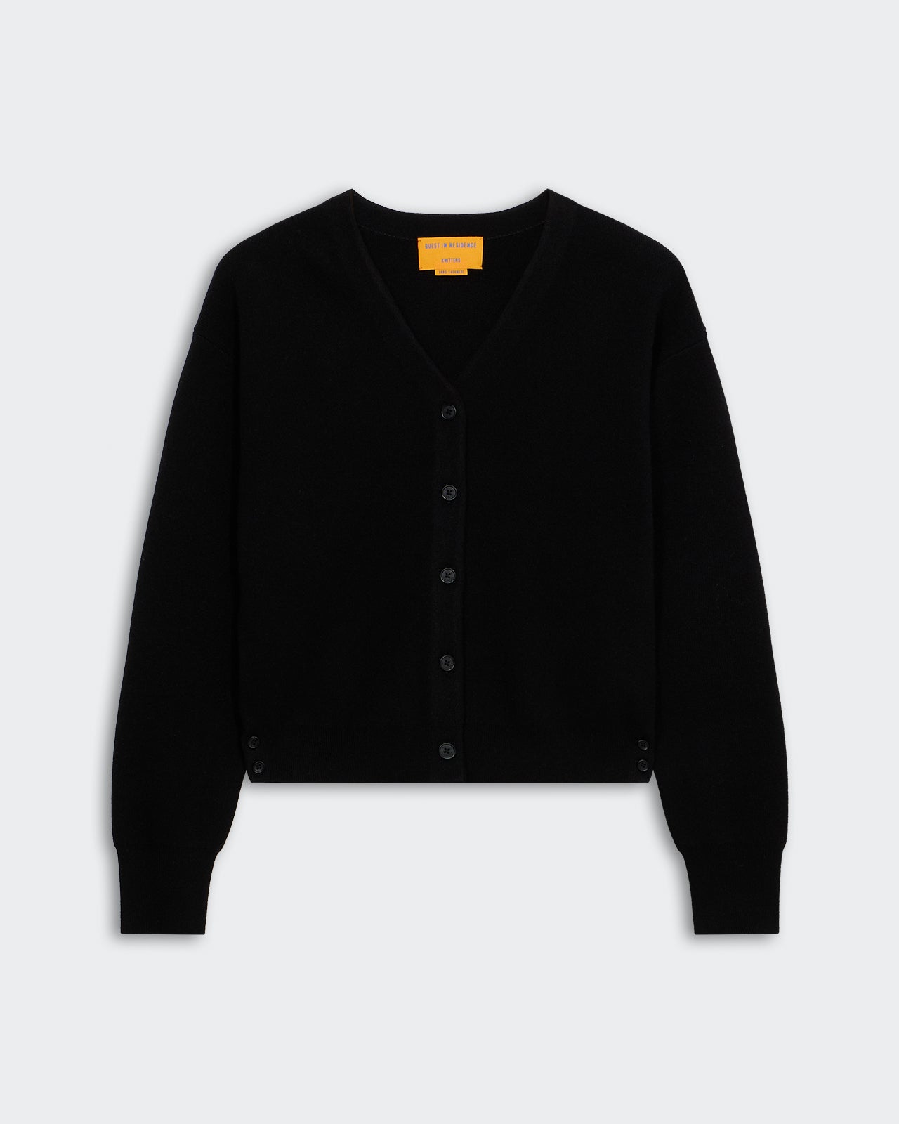 Collegiate Cardigan In Cashmere - Black V-neck women's cardigan with rib trim and buttons at hem, made of 100% cashmere.