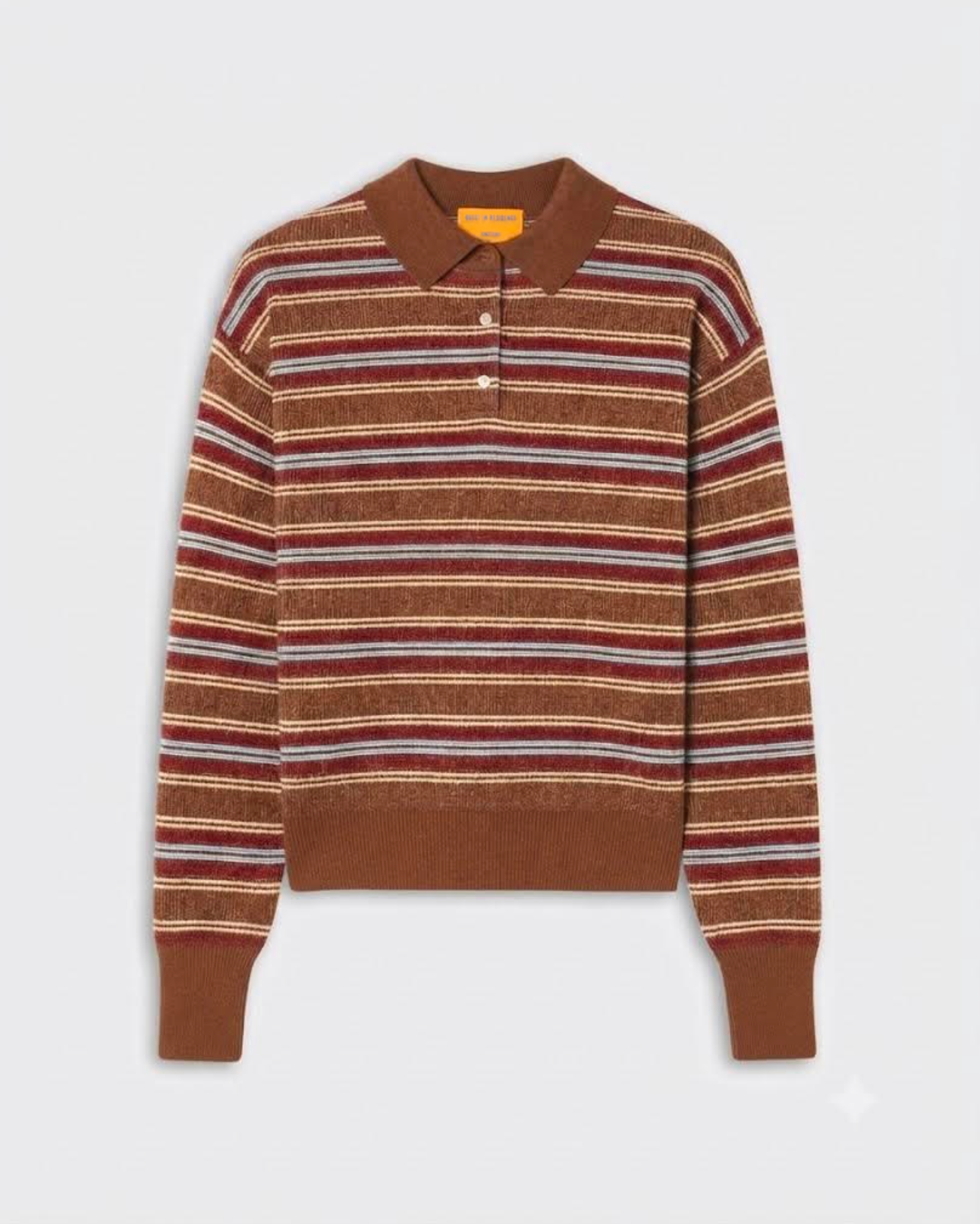 Collegiate Stripe Polo - BURNT SIENNA COMBO featuring a classic striped pattern in burnt sienna, cream, and red tones with a button-up collar and ribbed cuffs and hem.