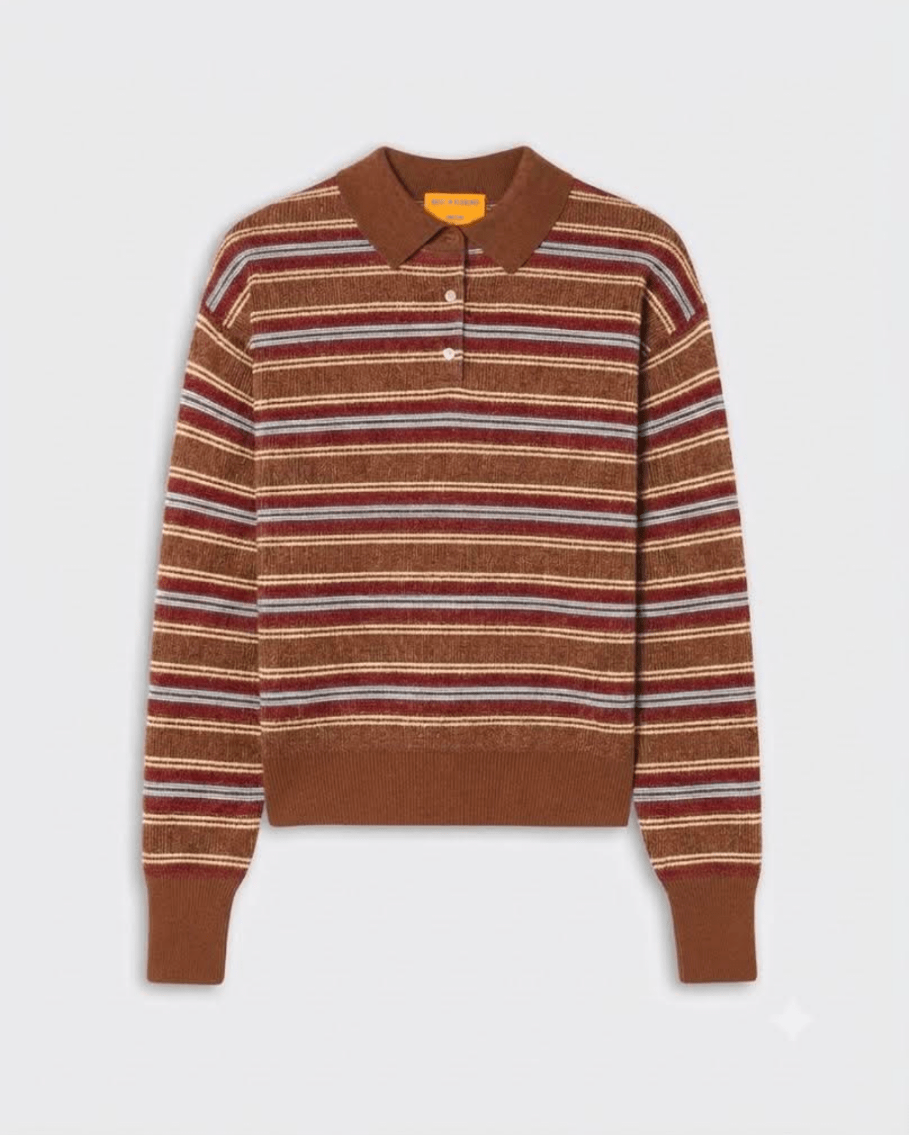 Collegiate Stripe Polo - BURNT SIENNA COMBO featuring a classic striped pattern in burnt sienna, cream, and red tones with a button-up collar and ribbed cuffs and hem.