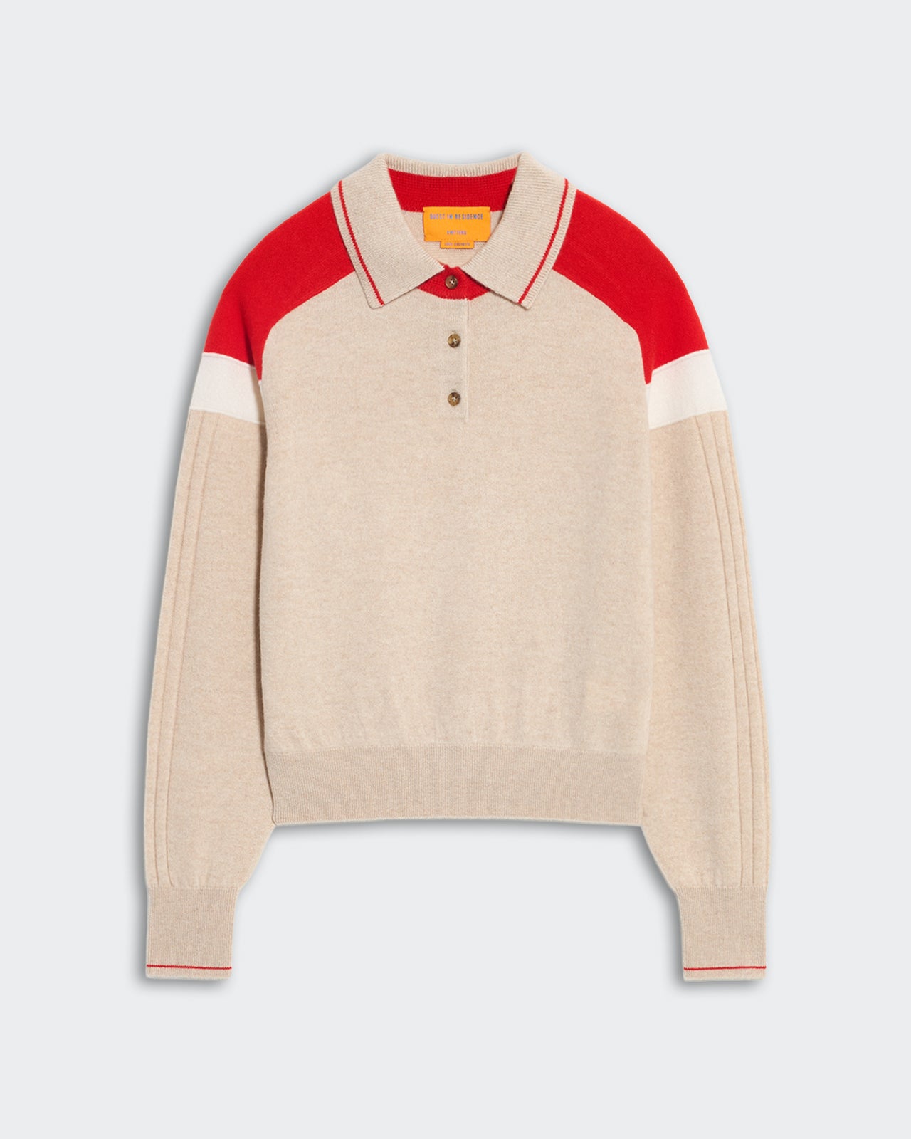 Lightweight Alpine Collegiate Polo in sandstone with red and white color block and ribbed sleeve cuffs and hem