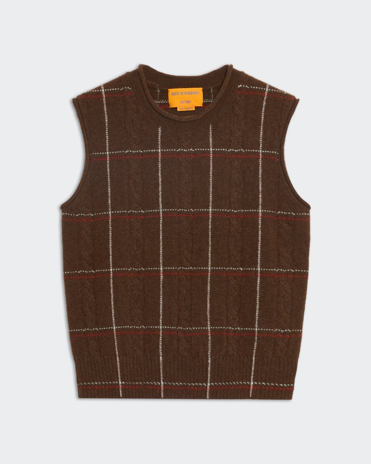 Chestnut brown cashmere sleeveless vest with four color check pattern and cable stitch rib detail