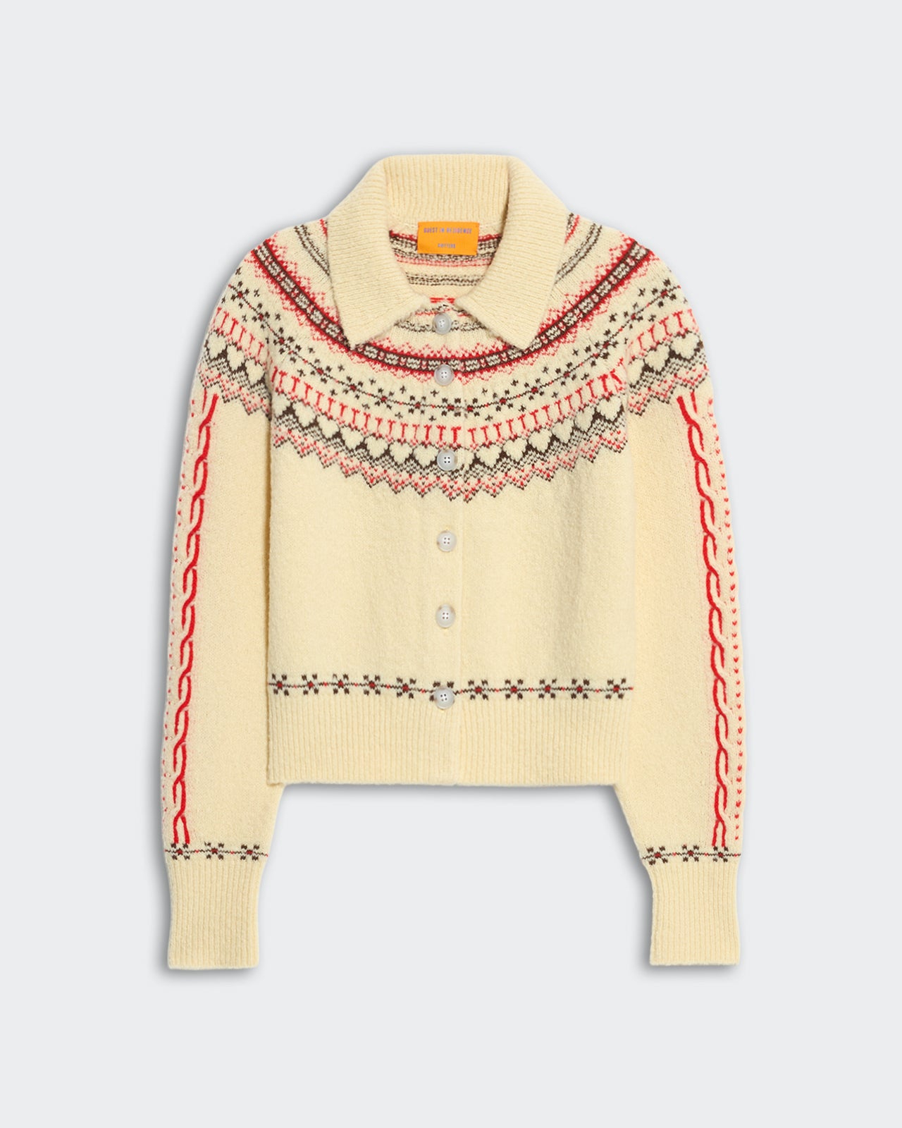 Cream chunky knit cardigan with red and gray fairisle yoke pattern, front buttons, ribbed collar, cuffs, and hem