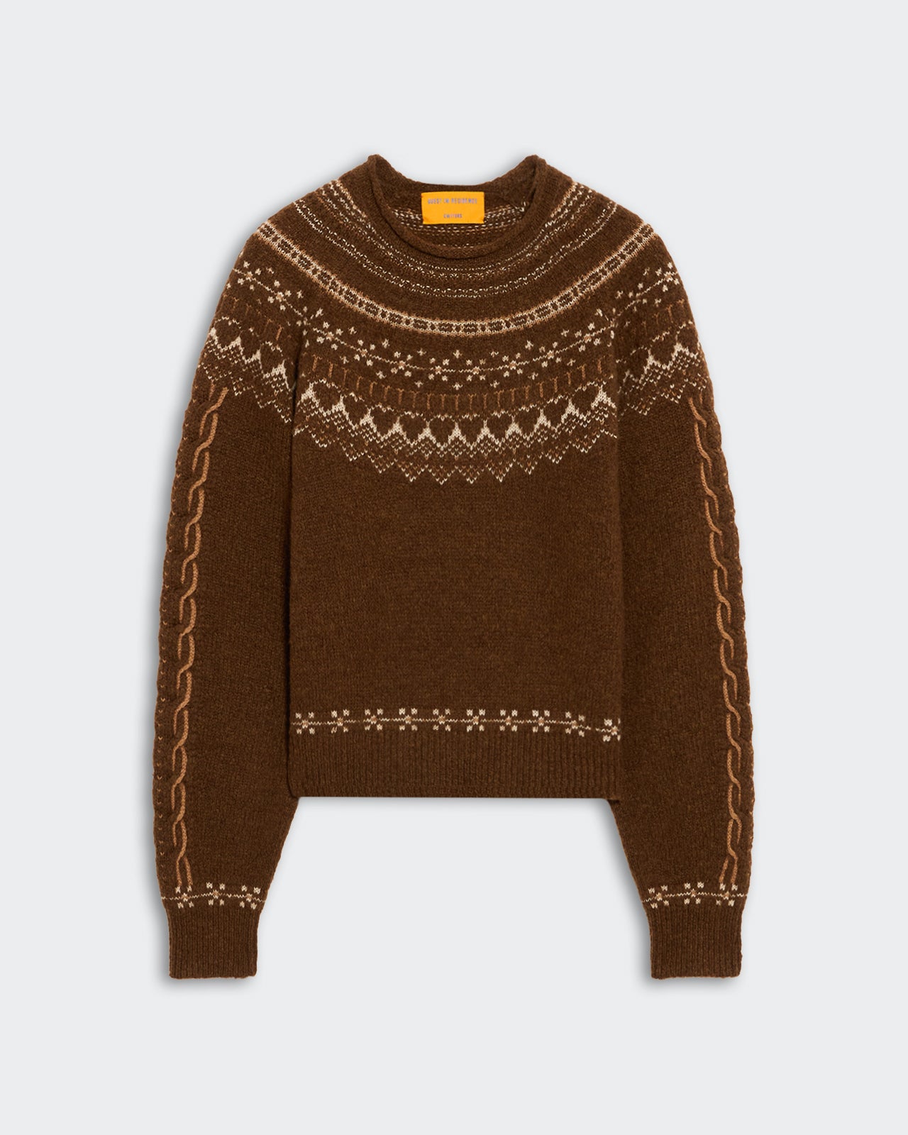Chestnut brown heavy-weight Fairisle yoke crew neck sweater with raglan sleeves and cable knit details on arms