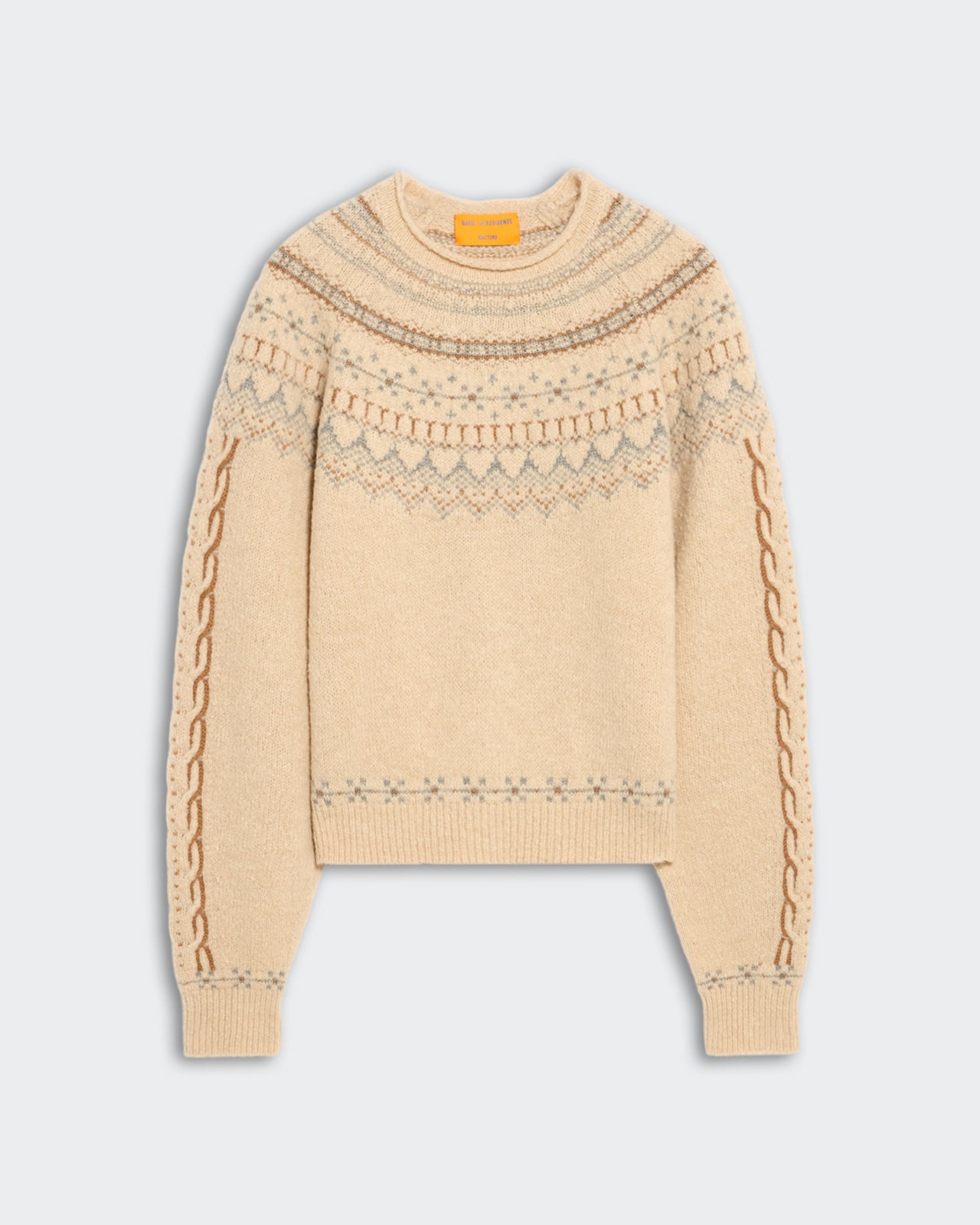 Sandstone fairisle yoke crew neck pullover sweater with raglan sleeves and cable knit detail on arms