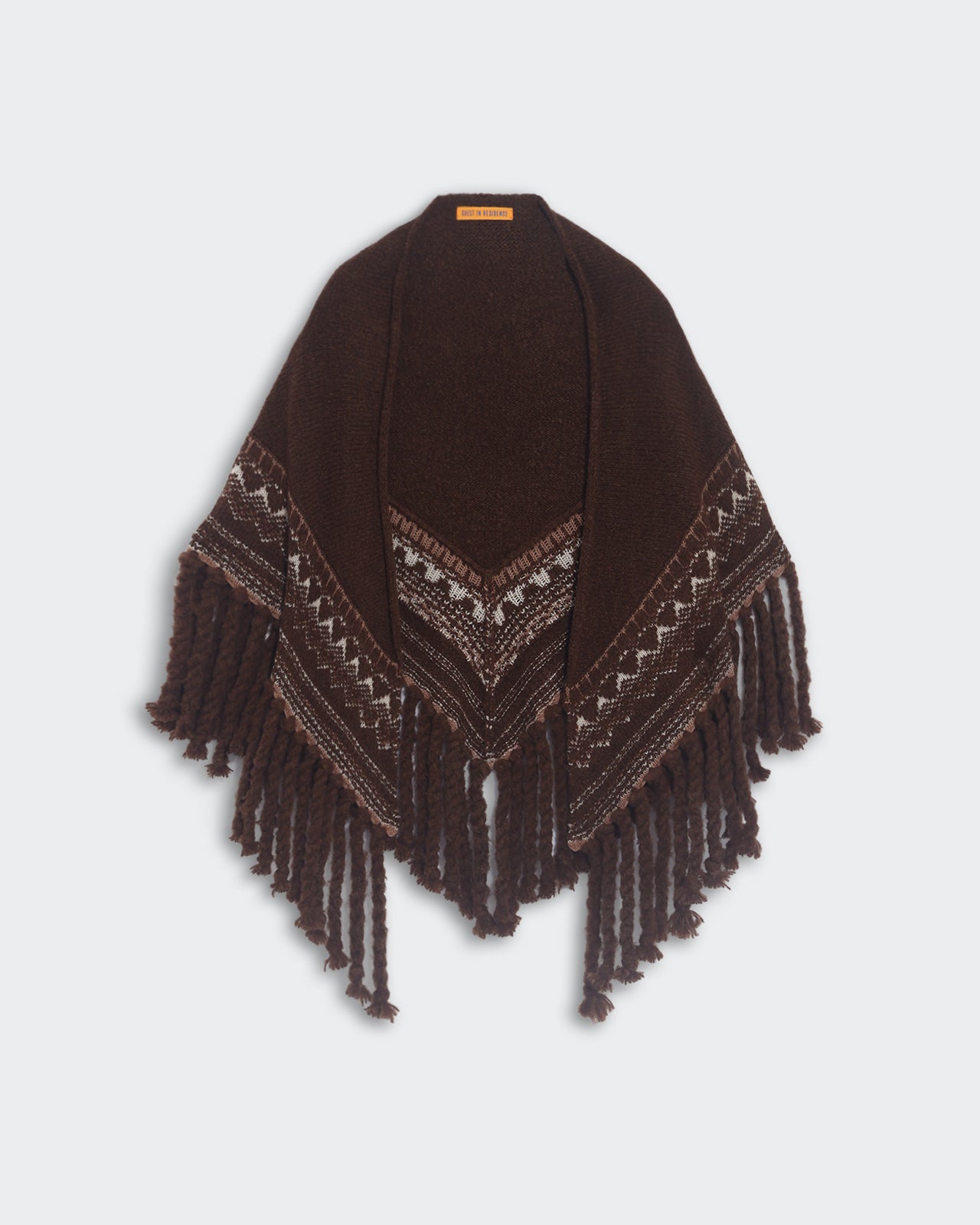 Chestnut combo heavy-weight Fairisle shawl with twisted rope fringe and wool cashmere blend fabric