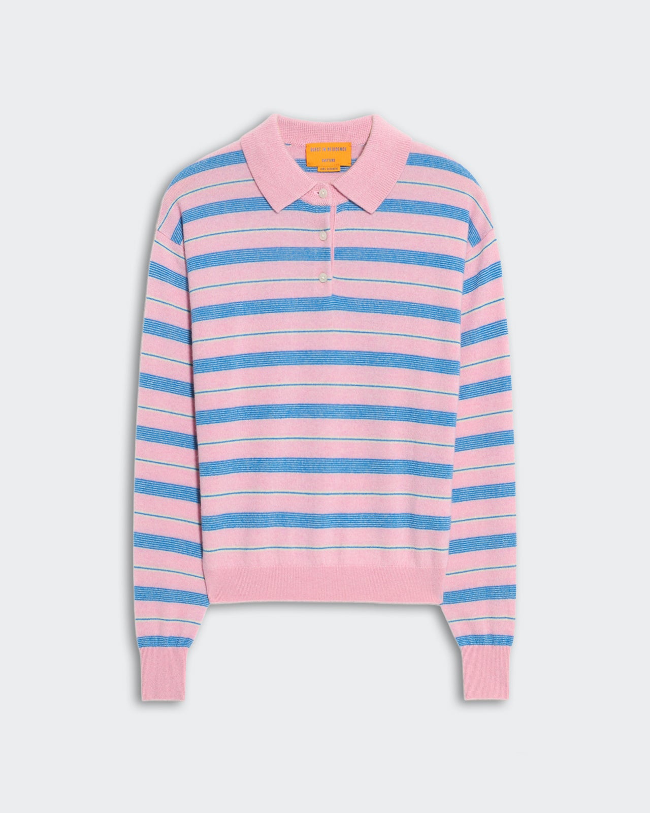 Women's lightweight jersey polo shirt with pink and blue stripes, ribbed cuffs, collar, and three-button placket closure.