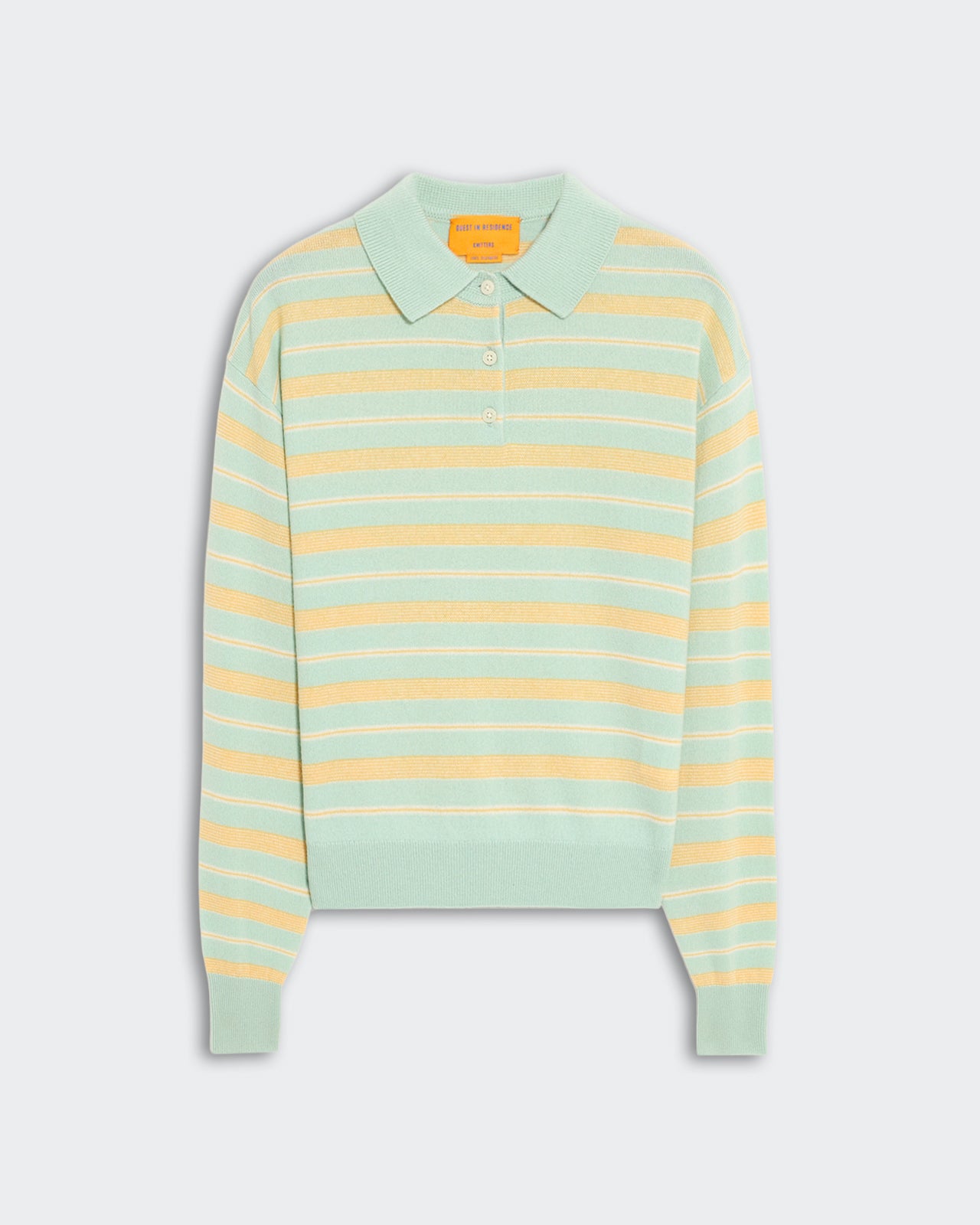 Lightweight women's collegiate stripe polo in seaglass and yellow with ribbed cuffs and three-button placket collar