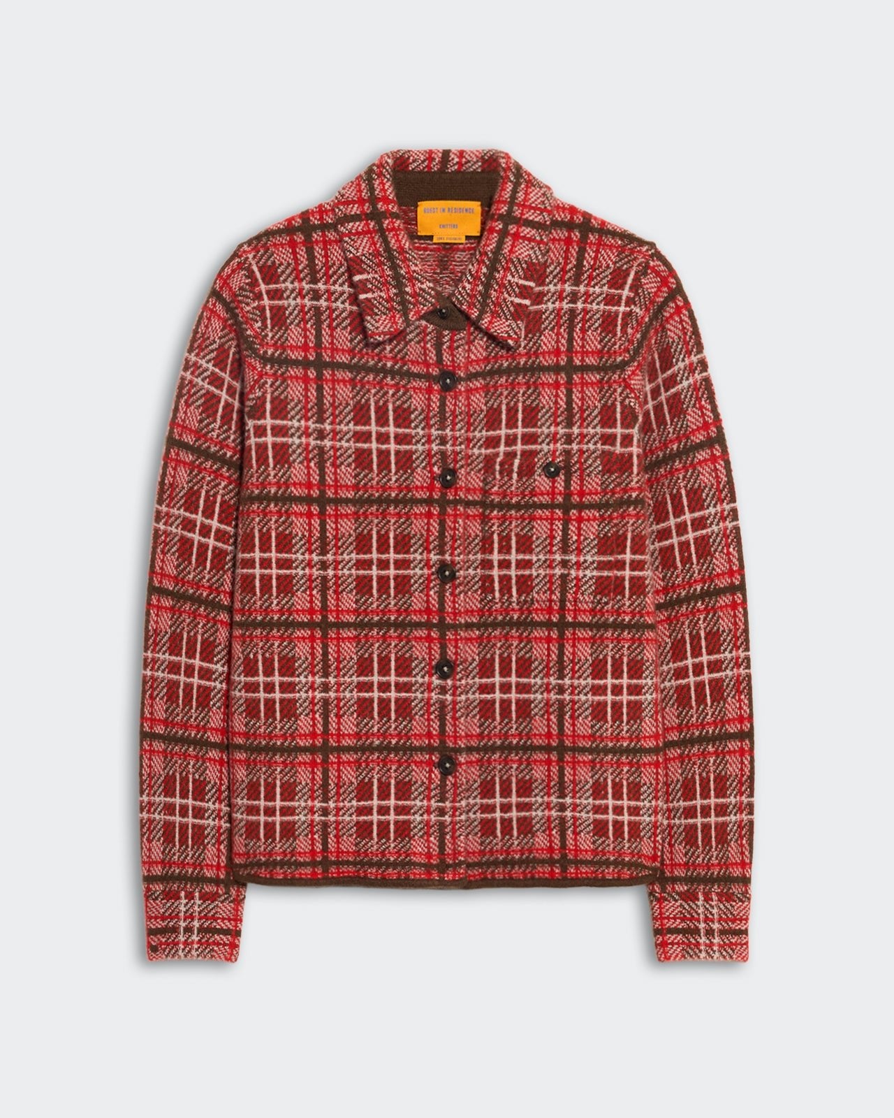 Women's Dylan Plaid Shirt in chili combo, medium-weight cashmere with button-down front and chest pockets