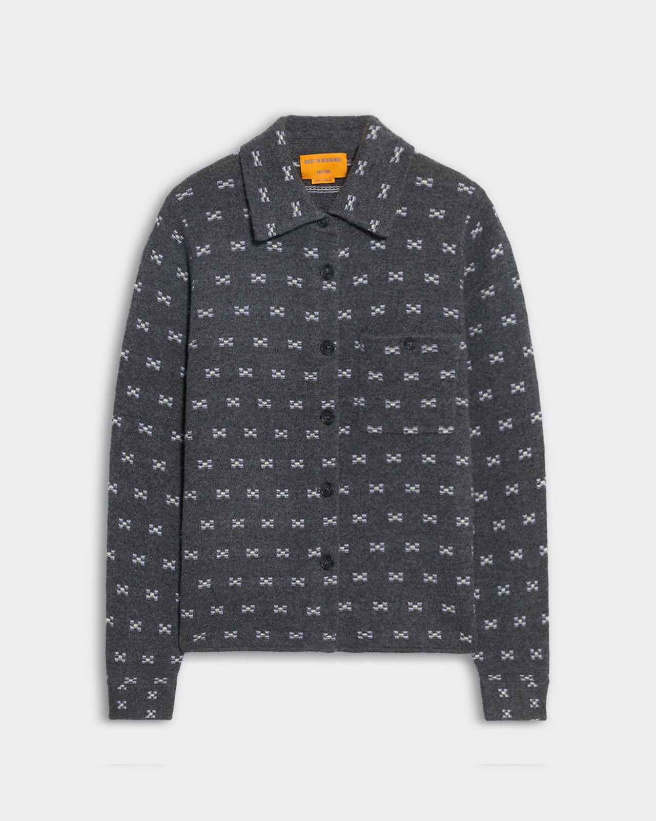 Charcoal Dylan Tweed Shirt with button closure and subtle patterned stitch design, mid-weight fabric with collar and cuffs.