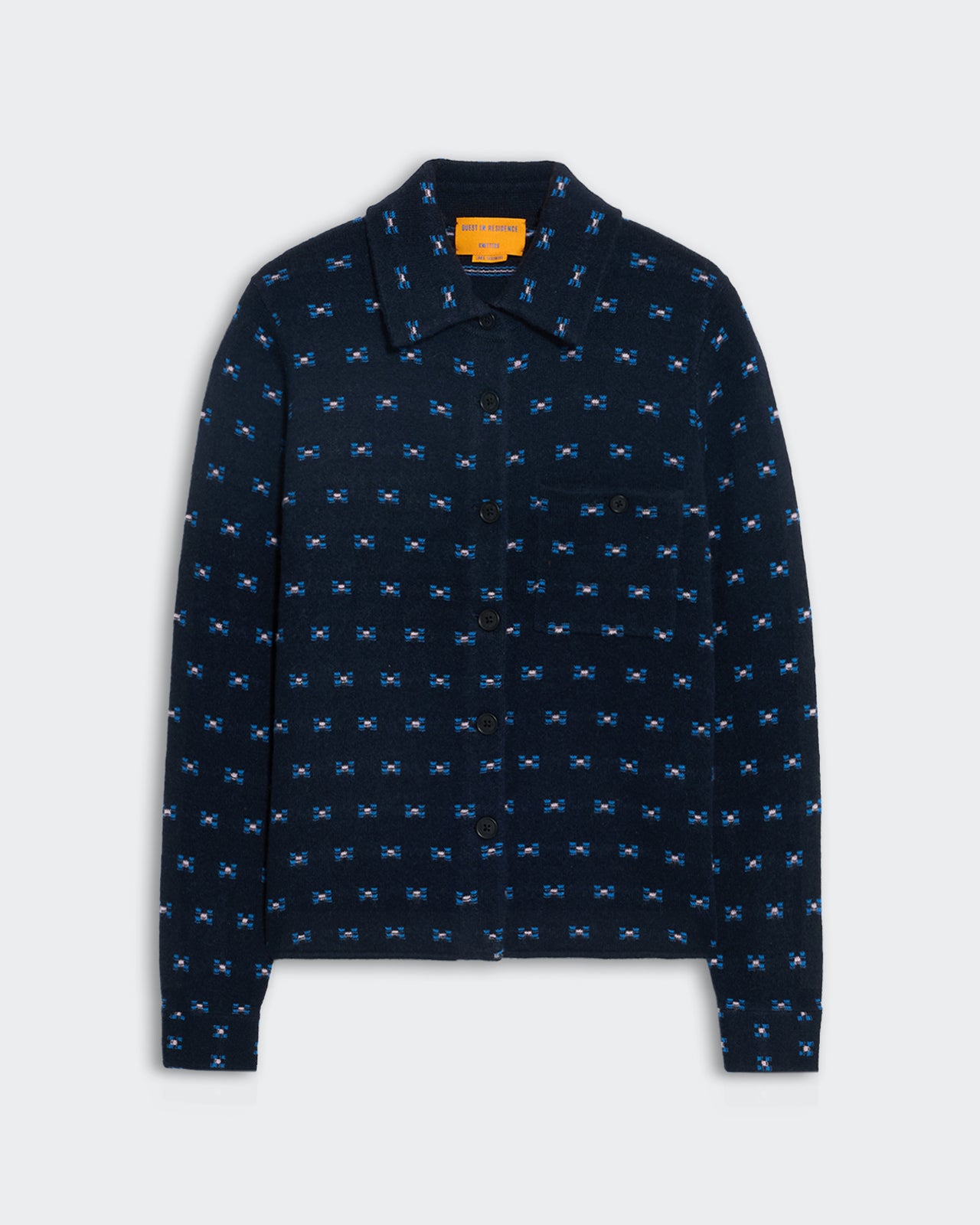 Midnight combo Dylan tweed shirt with front button closure and subtle blue patterned stitch design