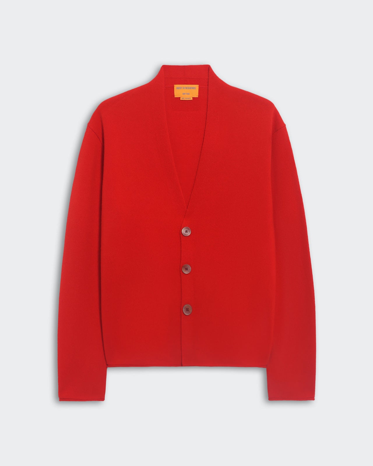 Red Everywear Cardigan with three buttons and shawl collar in men's sizing with a medium-weight knit design