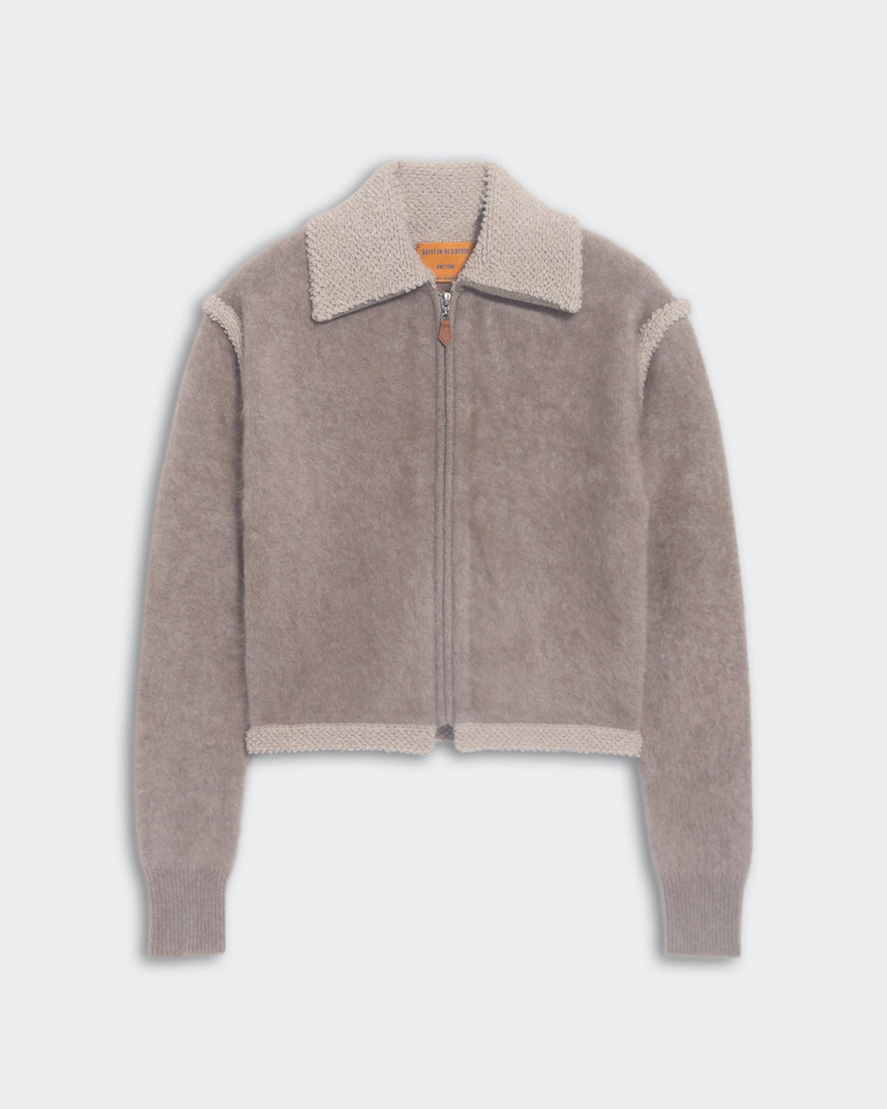 Taupe and oatmeal Grizzly Frankie cropped jacket with faux shearling collar and cuffs, two-way zipper with leather pull.