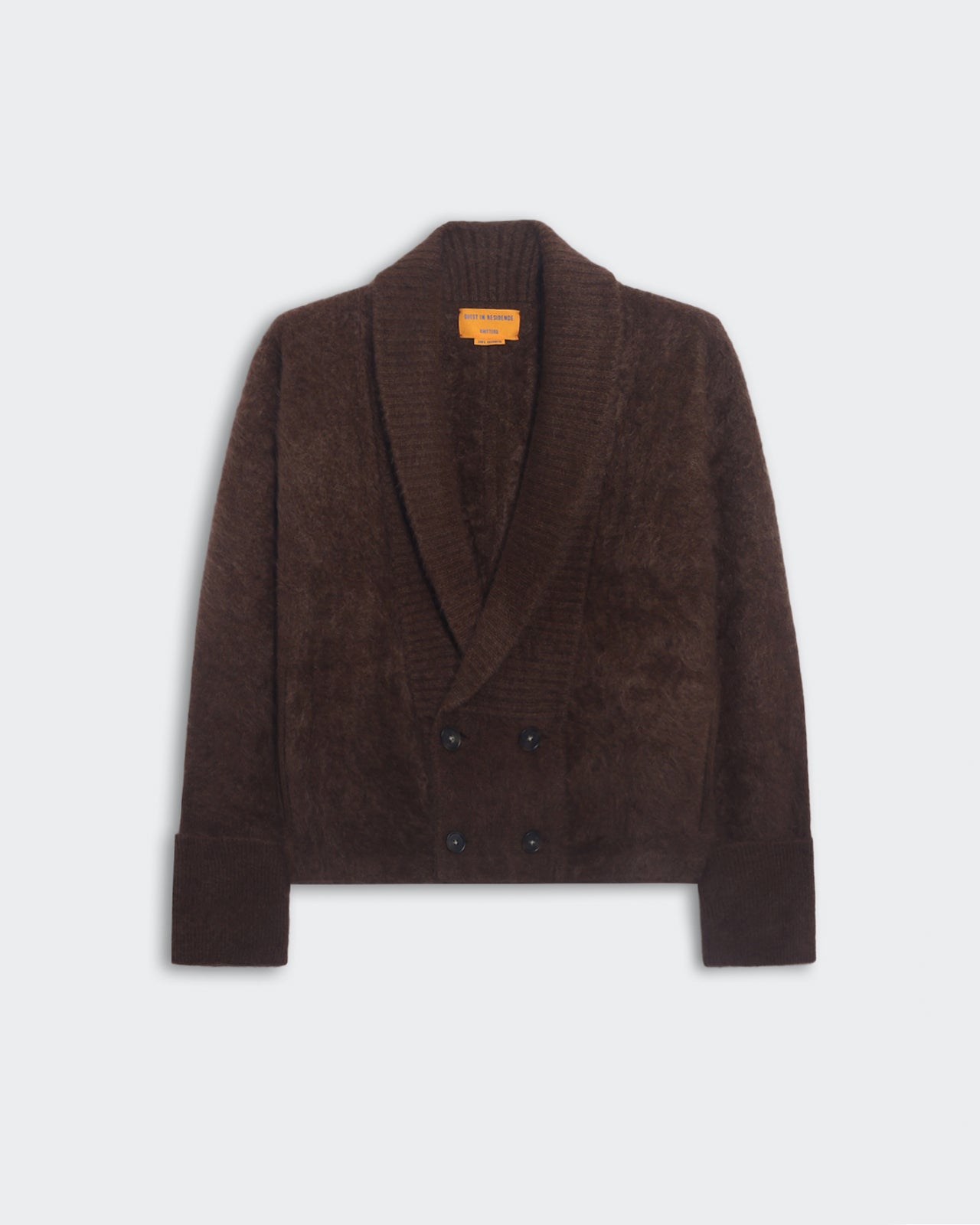 Heavy-weight chestnut brown Grizzly Le Jacket with dolman sleeves, double cuffed rib trim, shawl collar, and four-button closure.