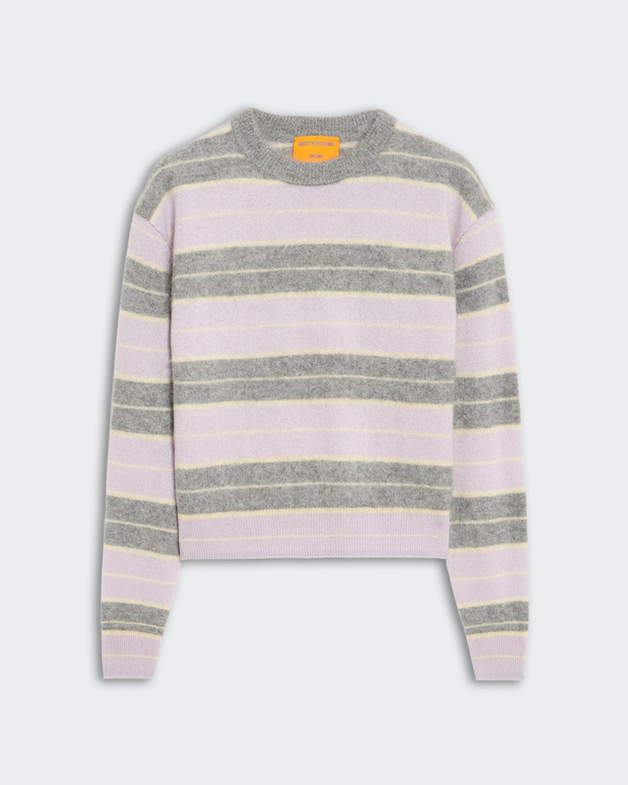 Mid-weight Grizzly Stripe crewneck sweater in dusk combo with ribbed trim, cropped relaxed fit, made from 100% cashmere.