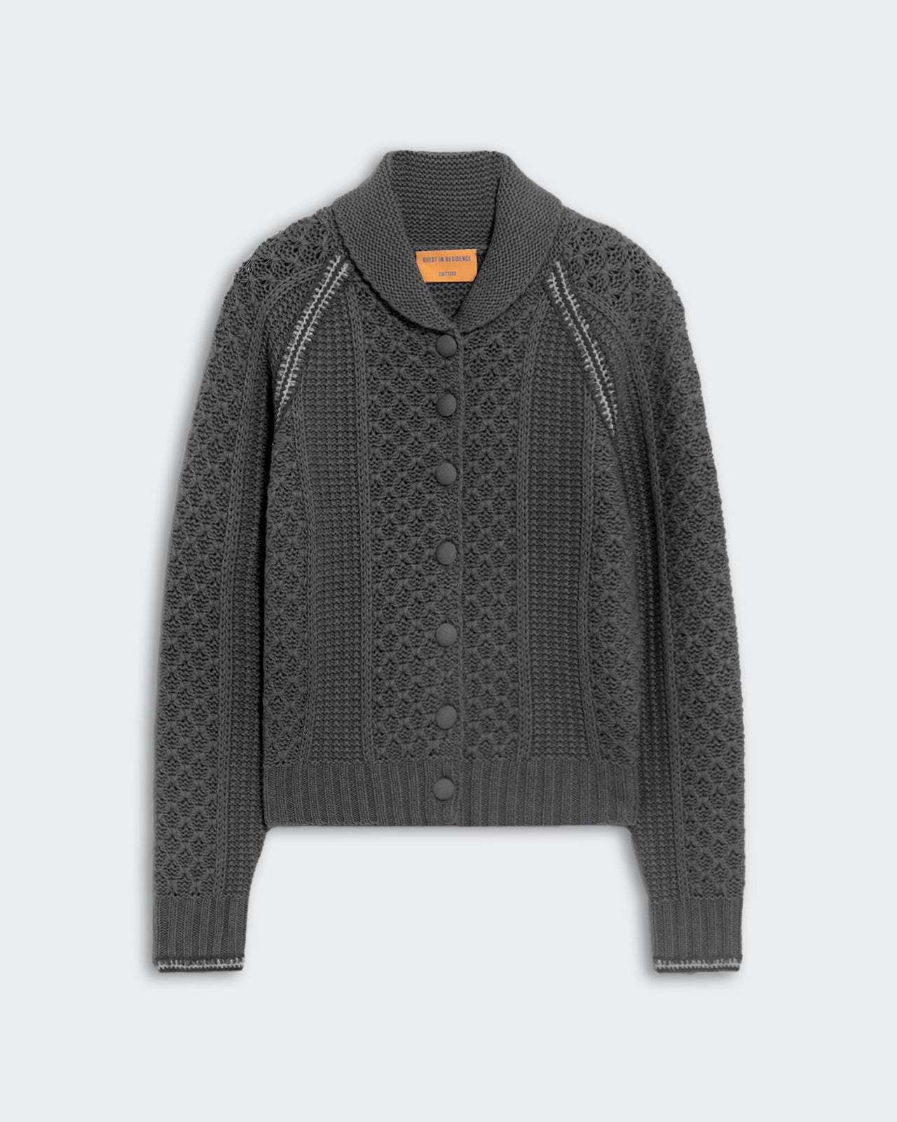 Charcoal Marlowe cable cardigan with vertical waffle stitch, raglan armholes, crochet details, ribbed hem and Peterpan collar.