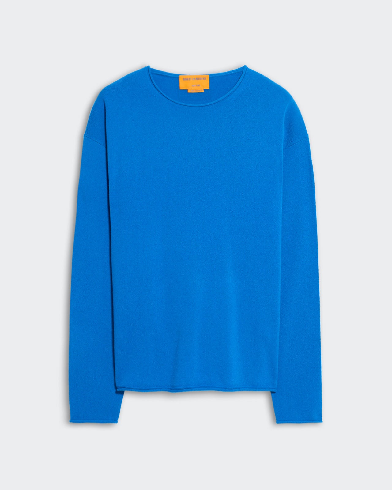 Bright blue oversized crew neck sweater with dropped shoulders and long sleeves, designed for men’s sizing with lightweight fabric.