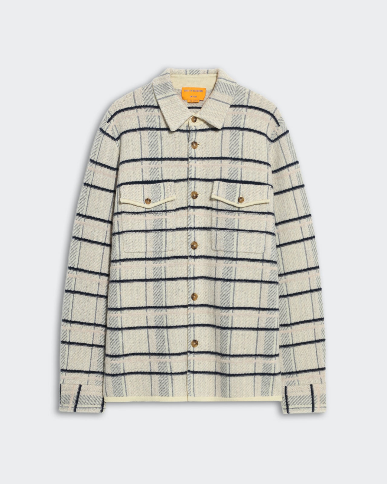 Unisex plaid work shirt in mist combo with button front, cuffed sleeves, and chest patch pockets in men's sizing