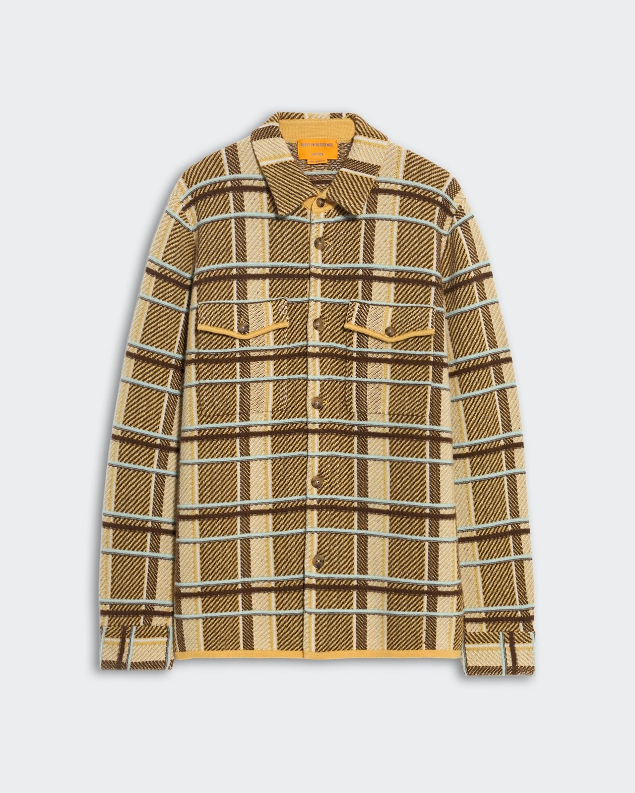 Tan and brown plaid work shirt with front buttons, chest patch pockets, cuffed sleeves, and a shirt collar.