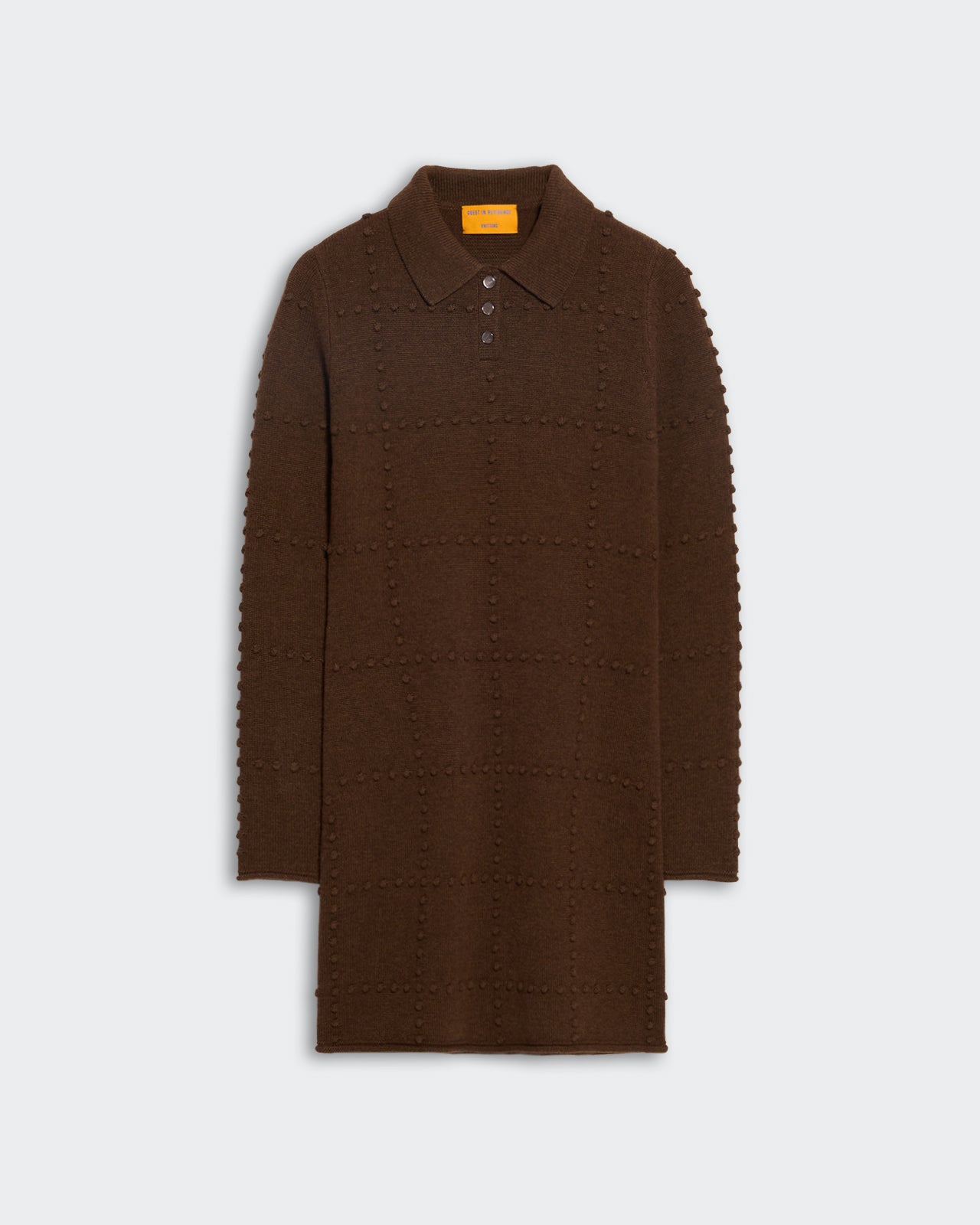 Chestnut mid-weight popcorn stitch polo dress with three-button collar and long sleeves in mini length