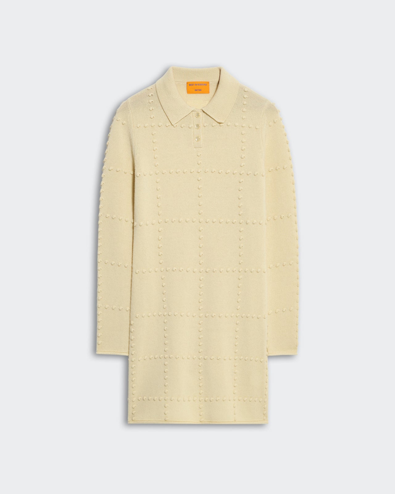 Beige mid-weight popcorn stitch polo dress with long sleeves and three-button collar closure