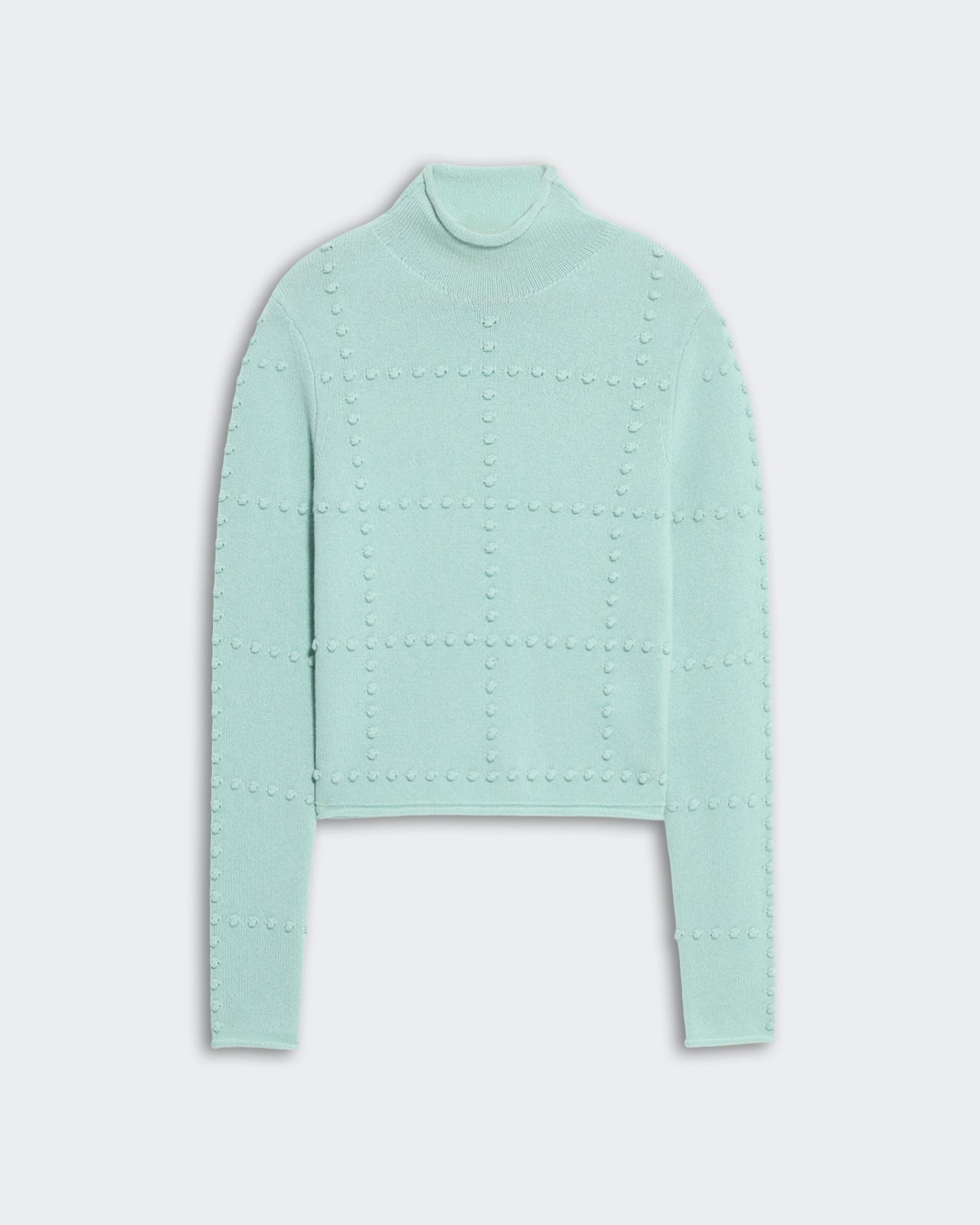 Cropped seaglass green popcorn textured cashmere blend top with mock neck and long sleeves for women