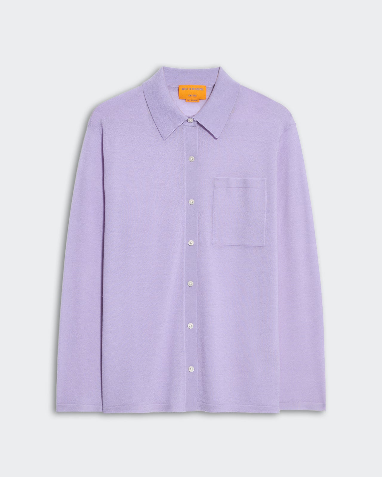 Lightweight lavender cashmere button-down shirt with collar and front patch pocket for women in true to size fit