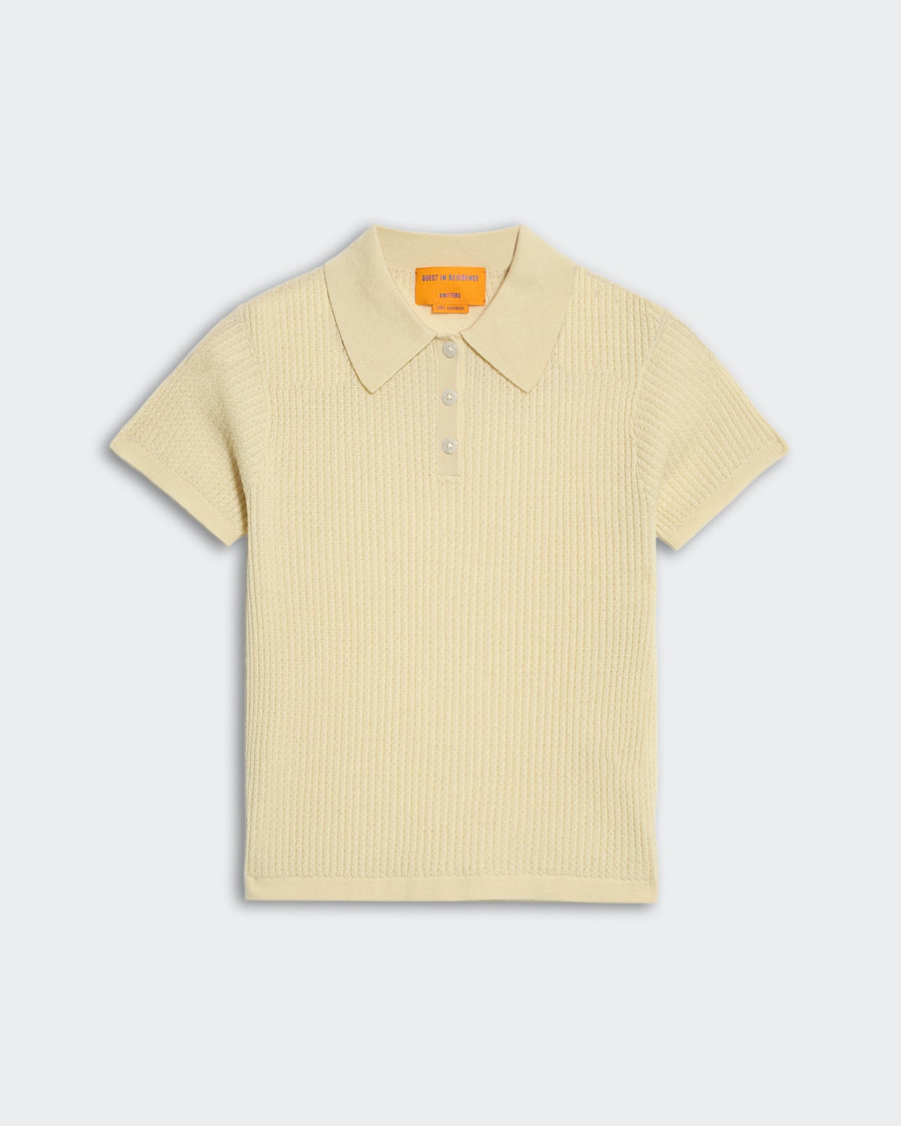 Women’s extra lightweight beige waffle knit polo shirt with three-button placket and textured stitch design