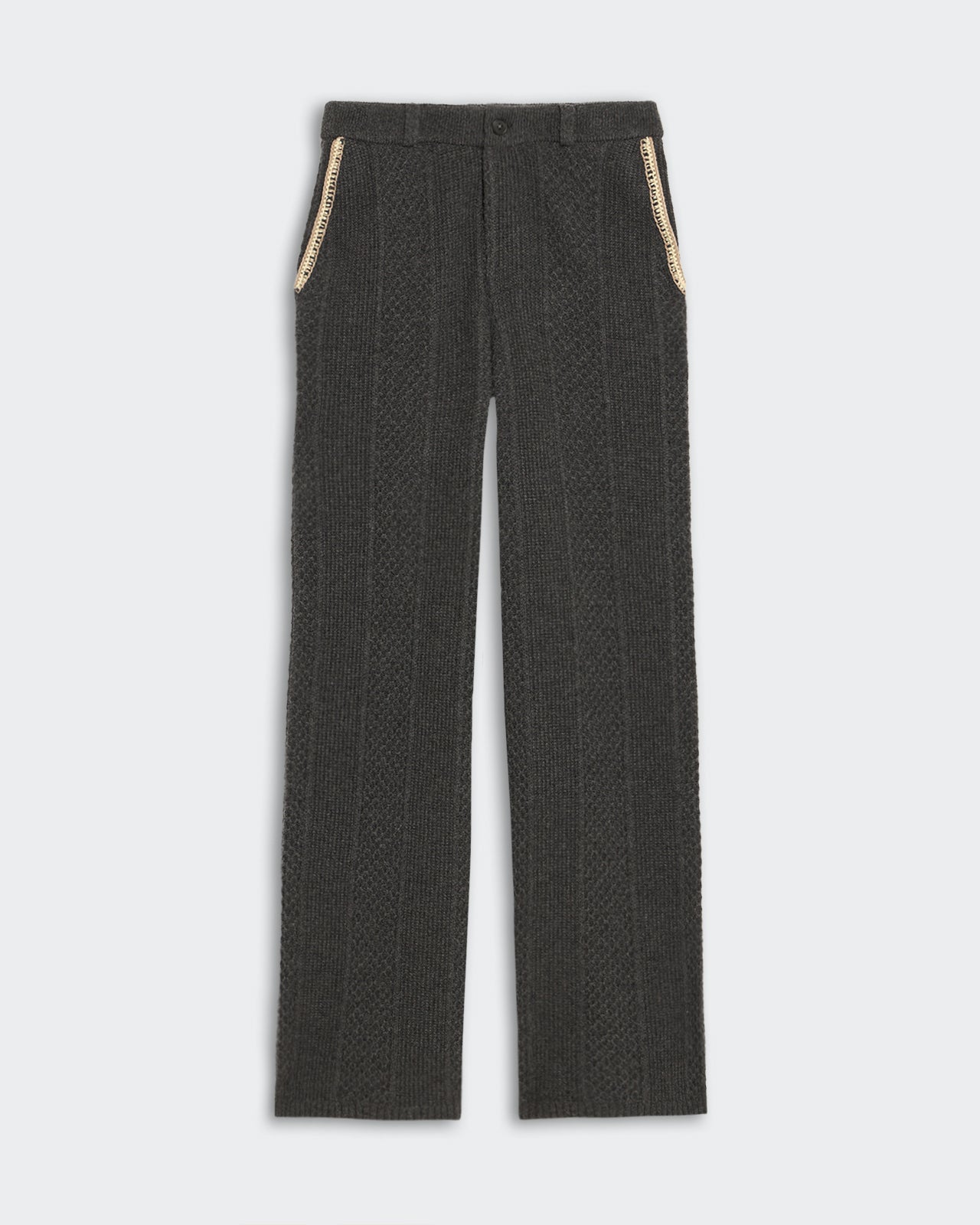 Charcoal tailored cable trousers with waffle texture, side pockets trimmed with hand crochet, and belt loops waistband.